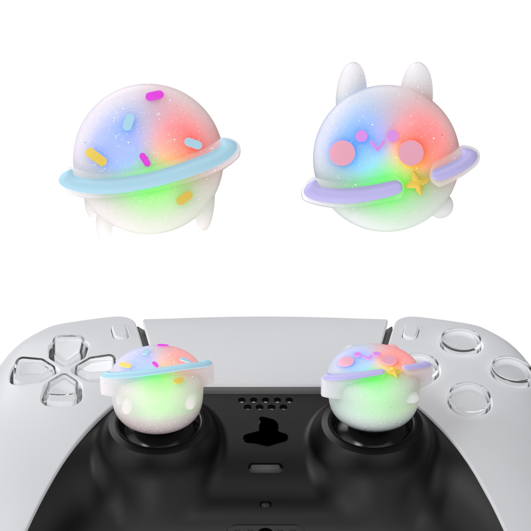 PlayVital Cute Universal Illuminated LED Thumbstick Grips for ps5 & ps4 & Xbox Series X/S & Xbox One & Switch Pro Controller - Planet & Sweet Bunny PlayVital