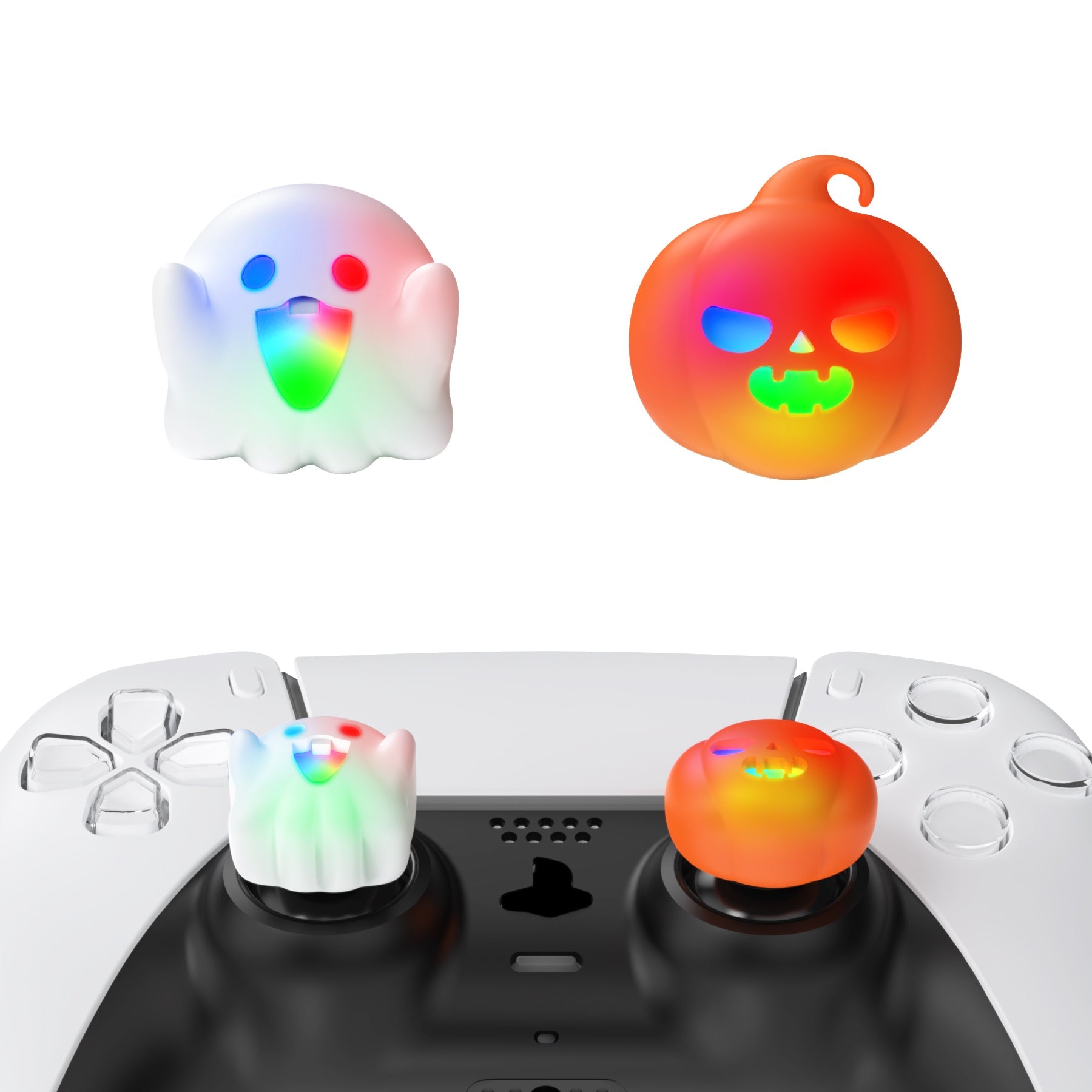 PlayVital Cute Universal Illuminated LED Thumbstick Grips for ps5 & ps4 & Xbox Series X/S & Xbox One & Switch Pro Controller - Spooky Ghost with Pumpkin PlayVital