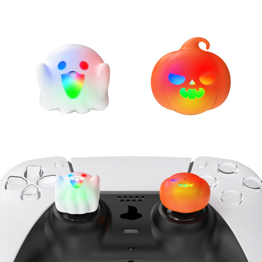 PlayVital Cute Universal Illuminated LED Thumbstick Grips for ps5 & ps4 & Xbox Series X/S & Xbox One & Switch Pro Controller - Spooky Ghost with Pumpkin PlayVital