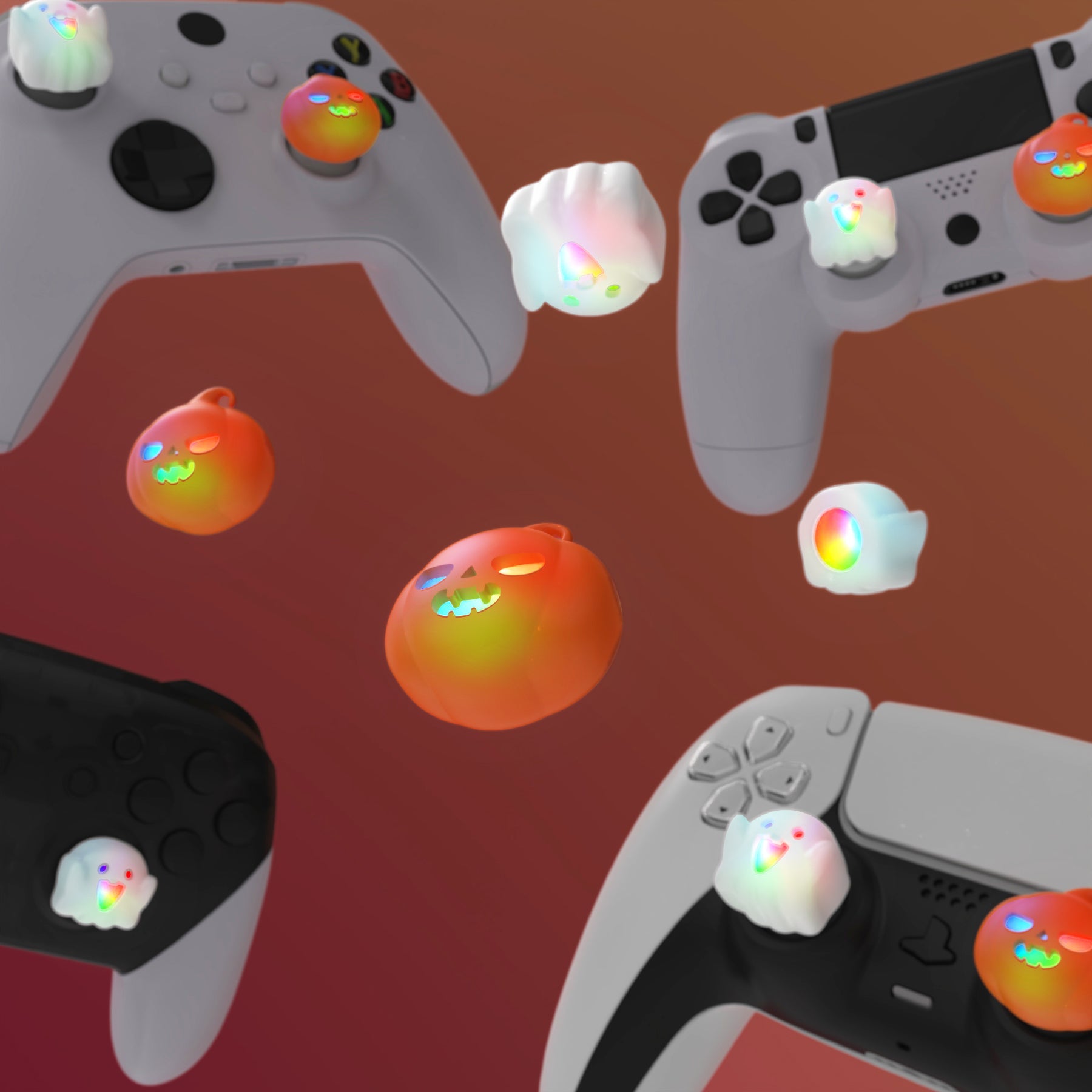 PlayVital Cute Universal Illuminated LED Thumbstick Grips for ps5 & ps4 & Xbox Series X/S & Xbox One & Switch Pro Controller - Spooky Ghost with Pumpkin PlayVital