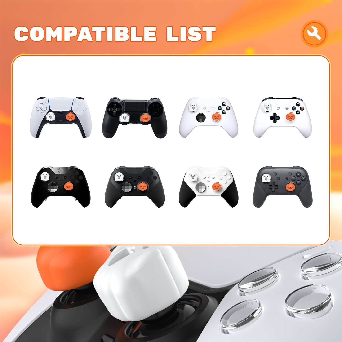 PlayVital Cute Universal Illuminated LED Thumbstick Grips for ps5 & ps4 & Xbox Series X/S & Xbox One & Switch Pro Controller - Spooky Ghost with Pumpkin PlayVital