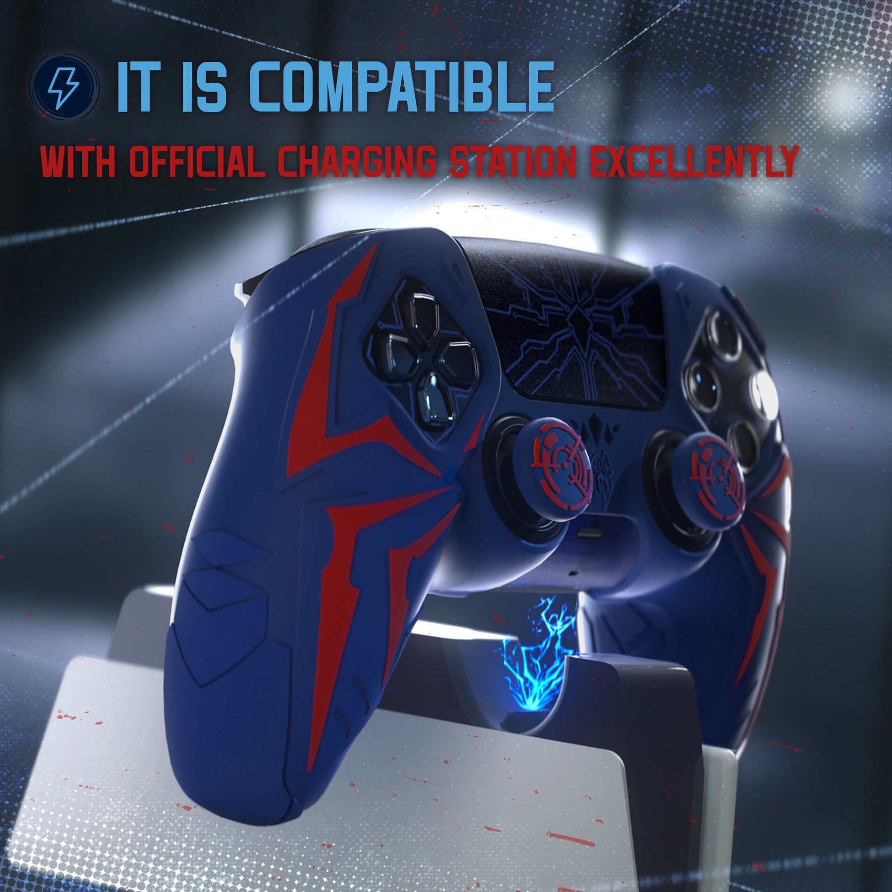 PlayVital Cyber Spider Design Silicone Case for PS5 Controller with 2 Thumb Grips and 6 Sticker, Compatible with Charging Dock - Red & Blue PlayVital