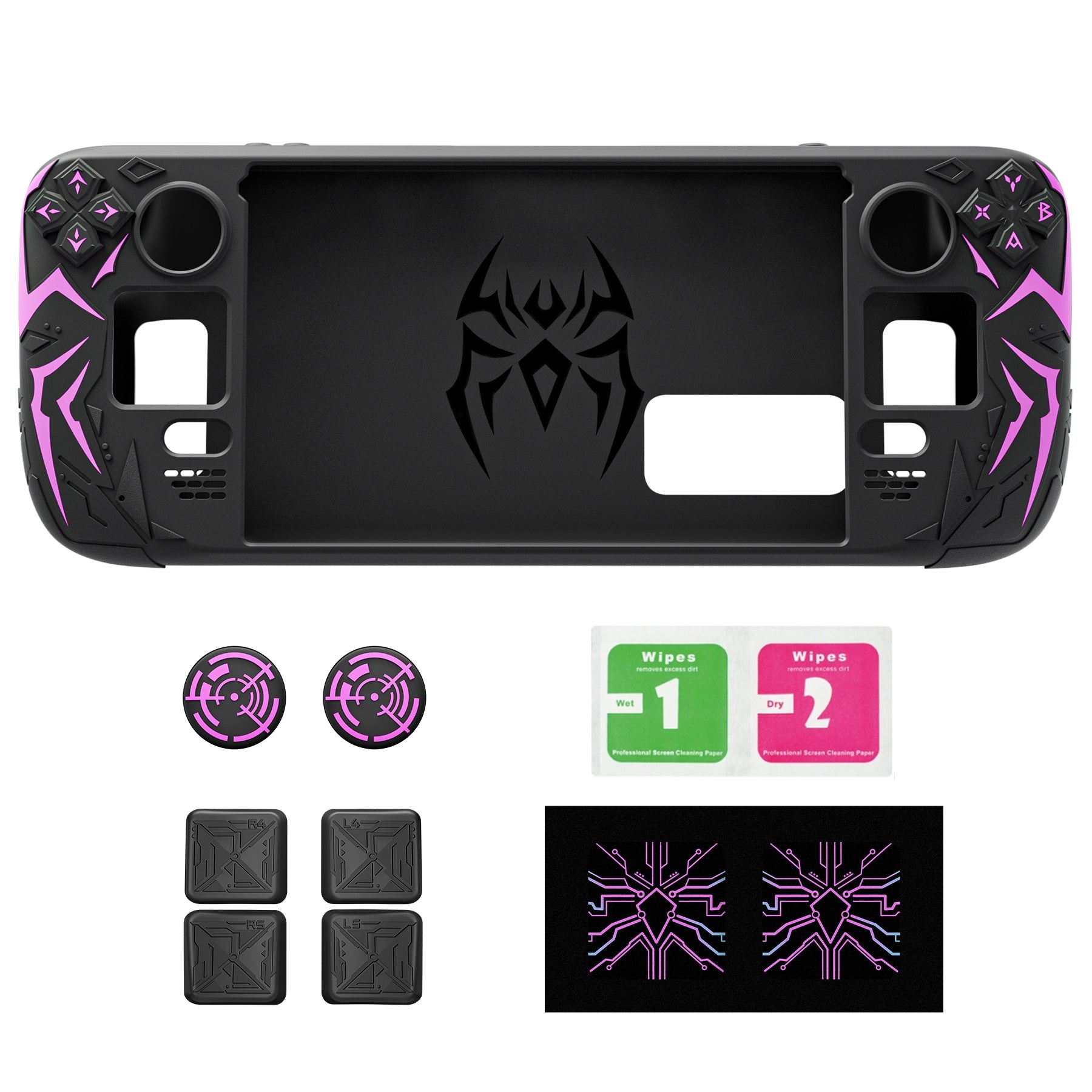 PlayVital Cyber Spider Protective Case with Back Button Enhancements & Thumb Grips & Trackpad Skins for Steam Deck OLED & LCD - Black PlayVital