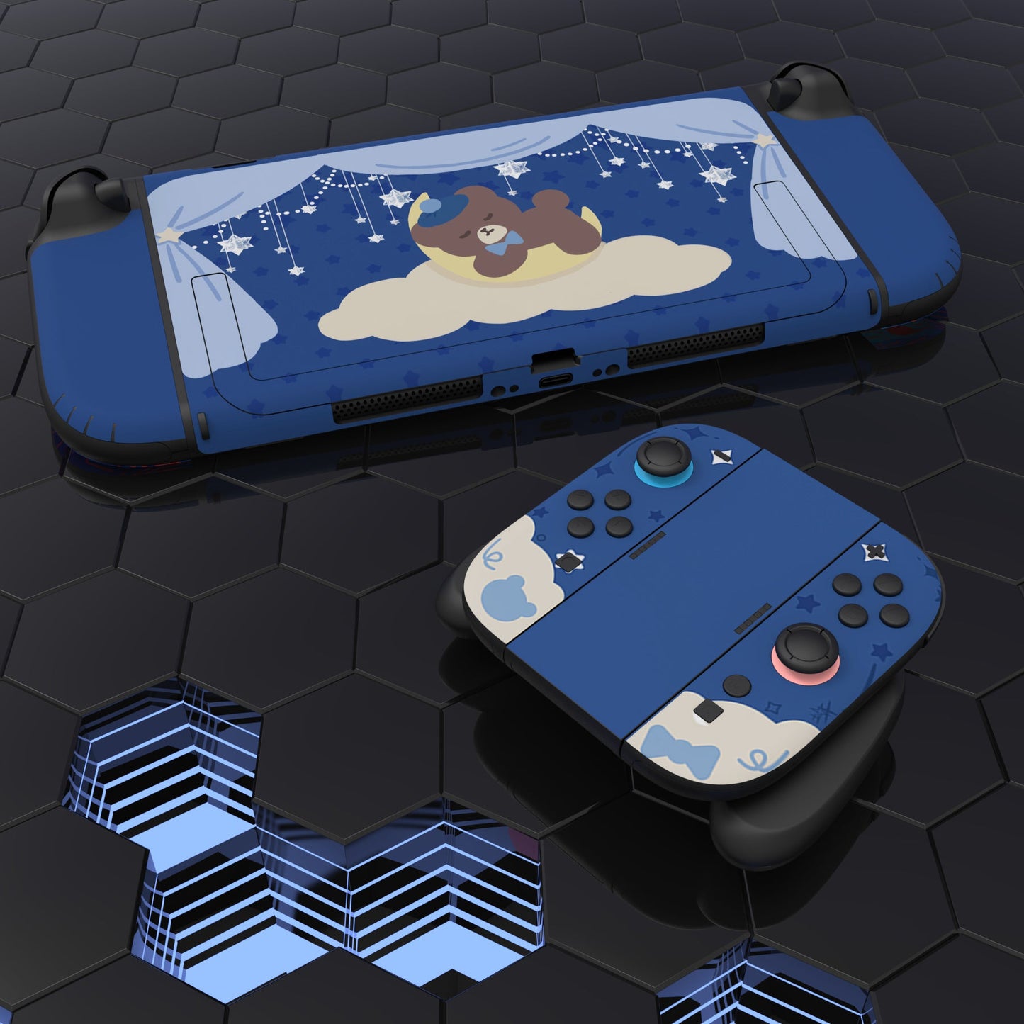 PlayVital Good Night Bear Custom Full Set Protective Skin Decal for Nintendo Switch 2 (2025) Console & Joycon - Midnight Blue PlayVital