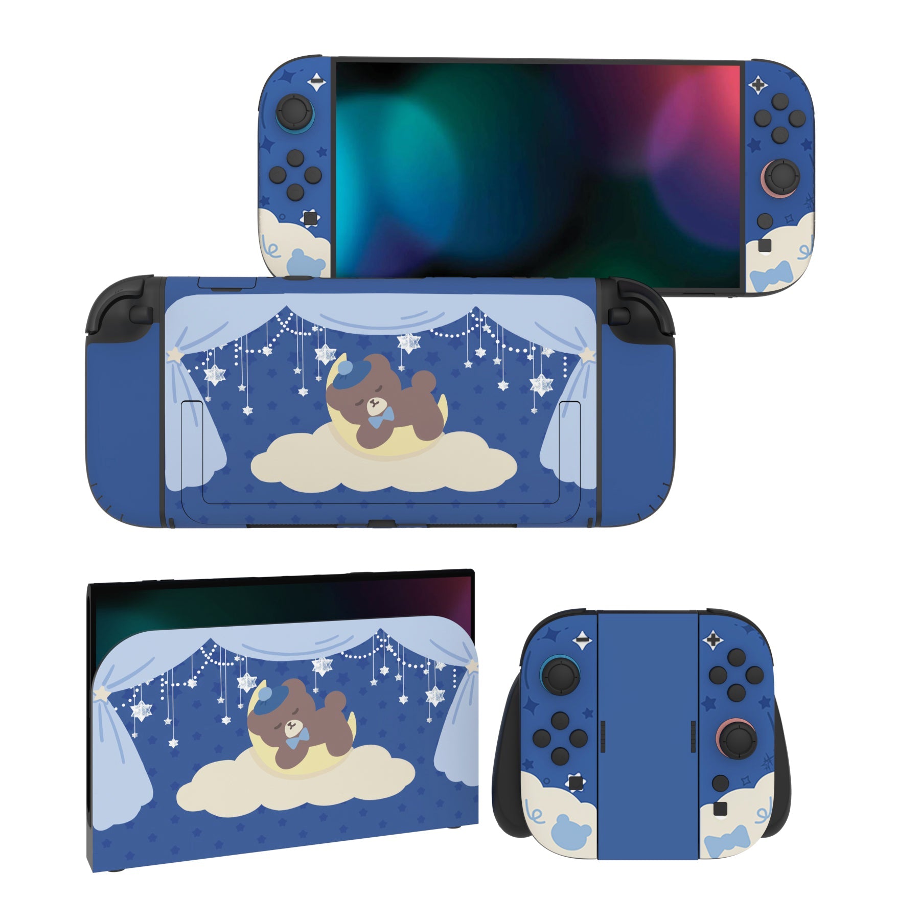 PlayVital Good Night Bear Custom Full Set Protective Skin Decal for Nintendo Switch 2 (2025) Console & Joycon - Midnight Blue PlayVital