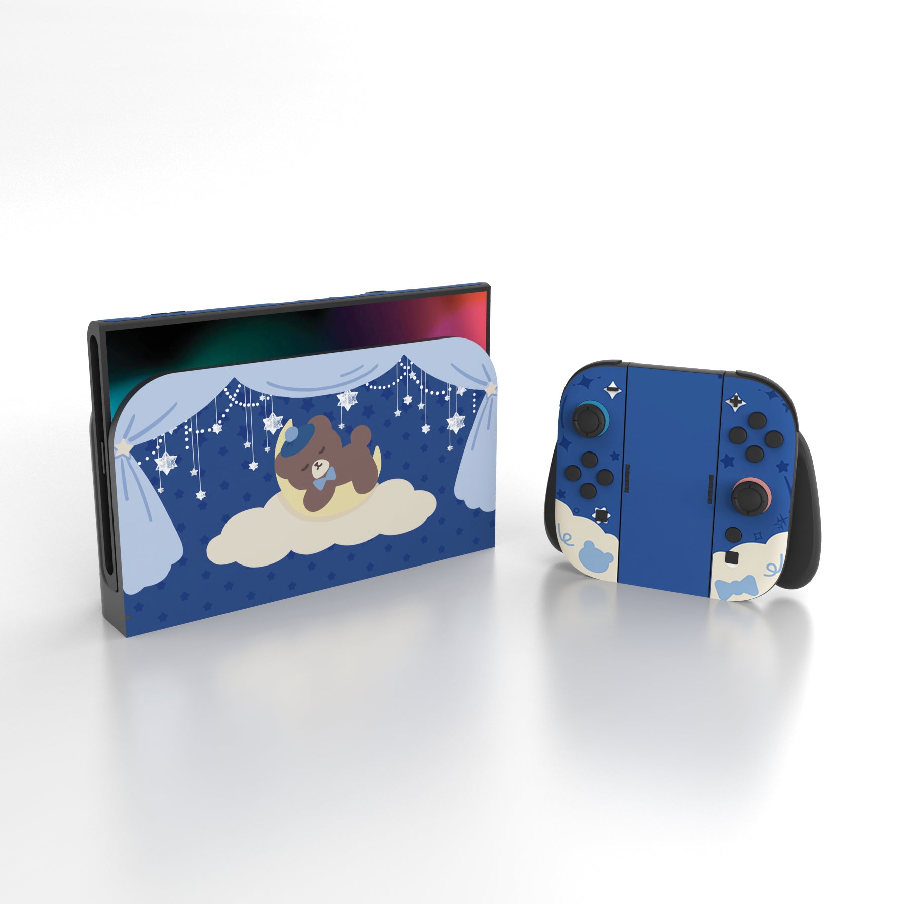 PlayVital Good Night Bear Custom Full Set Protective Skin Decal for Nintendo Switch 2 (2025) Console & Joycon - Midnight Blue PlayVital