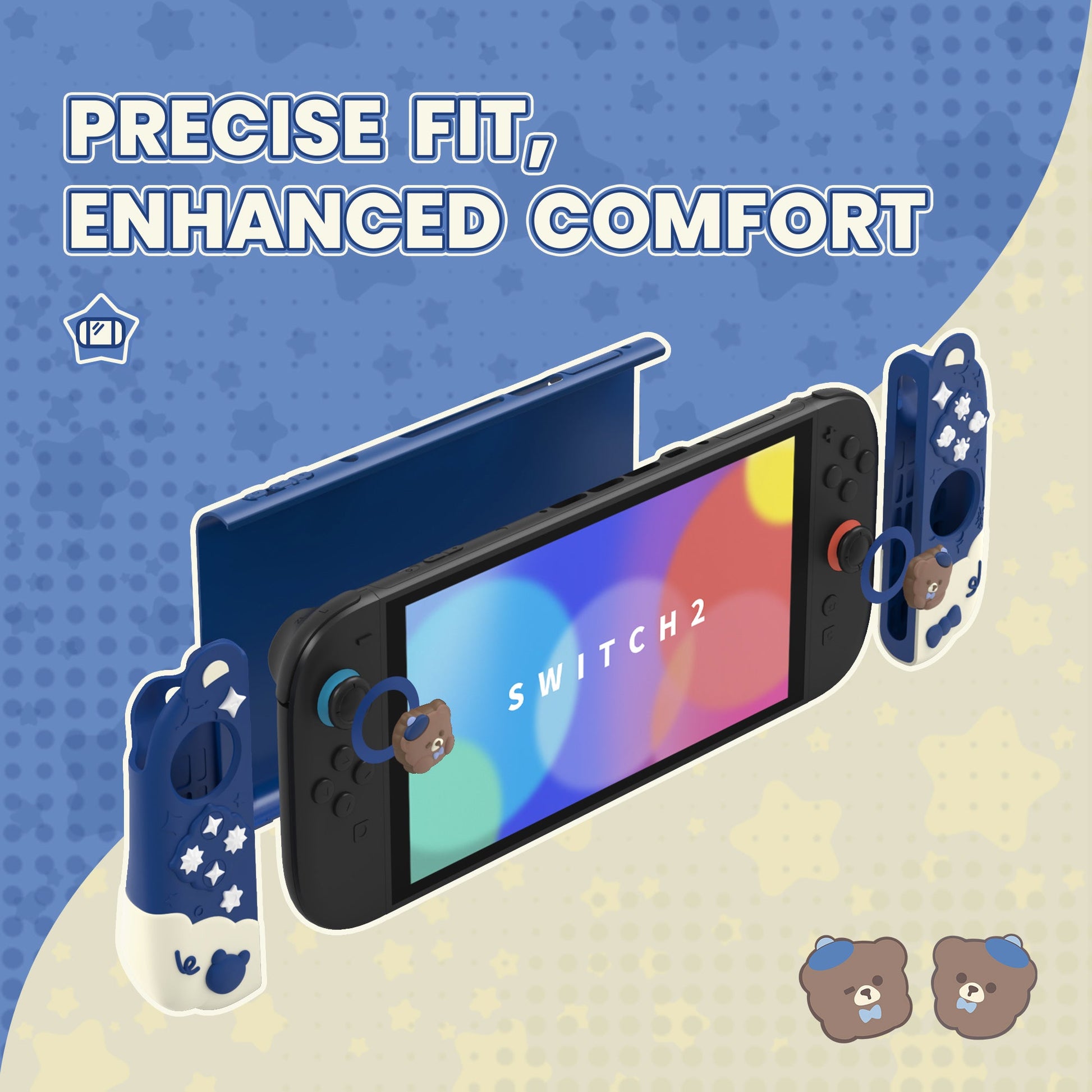 PlayVital Good Night Bear Protective Cover for Nintendo Switch 2 (2025), Separable Soft Silicone Joycon Grip & Hard Back Cover with Thumbstick Caps for Nintendo Switch 2 - Midnight Blue PlayVital