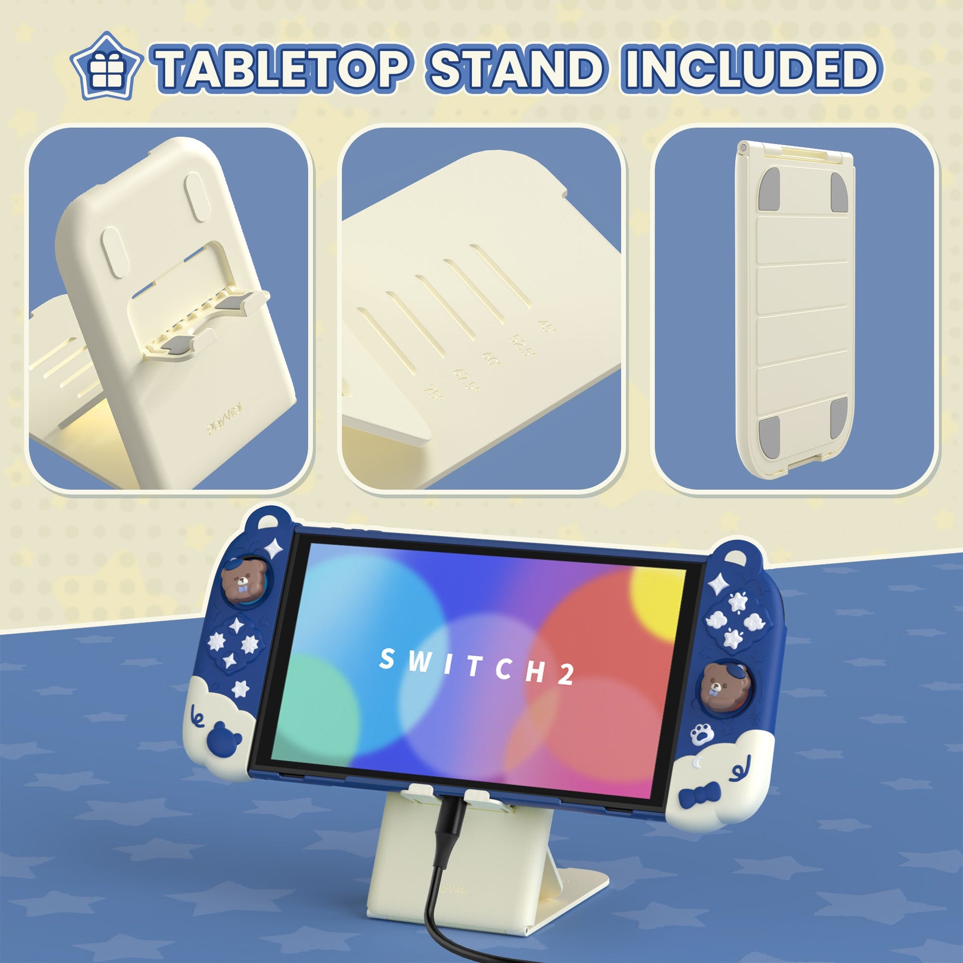 PlayVital Good Night Bear Protective Cover for Nintendo Switch 2 (2025), Separable Soft Silicone Joycon Grip & Hard Back Cover with Thumbstick Caps for Nintendo Switch 2 - Midnight Blue PlayVital