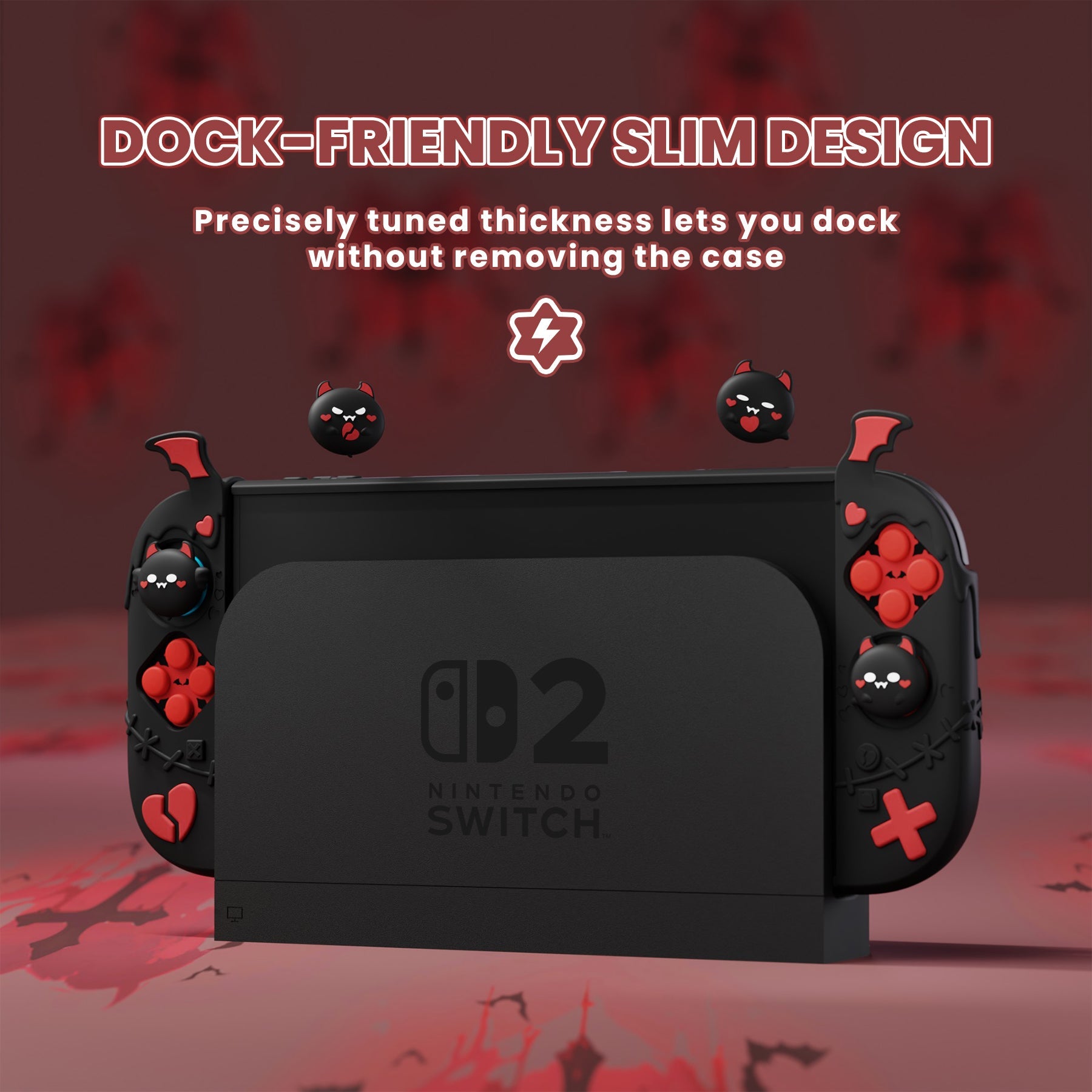 PlayVital Gothic Imp Series Protective Case for Nintendo Switch 2, Kawaii Dockable Hard Case Shell for Switch 2 with Thumb Grips & Sticker - Black PlayVital