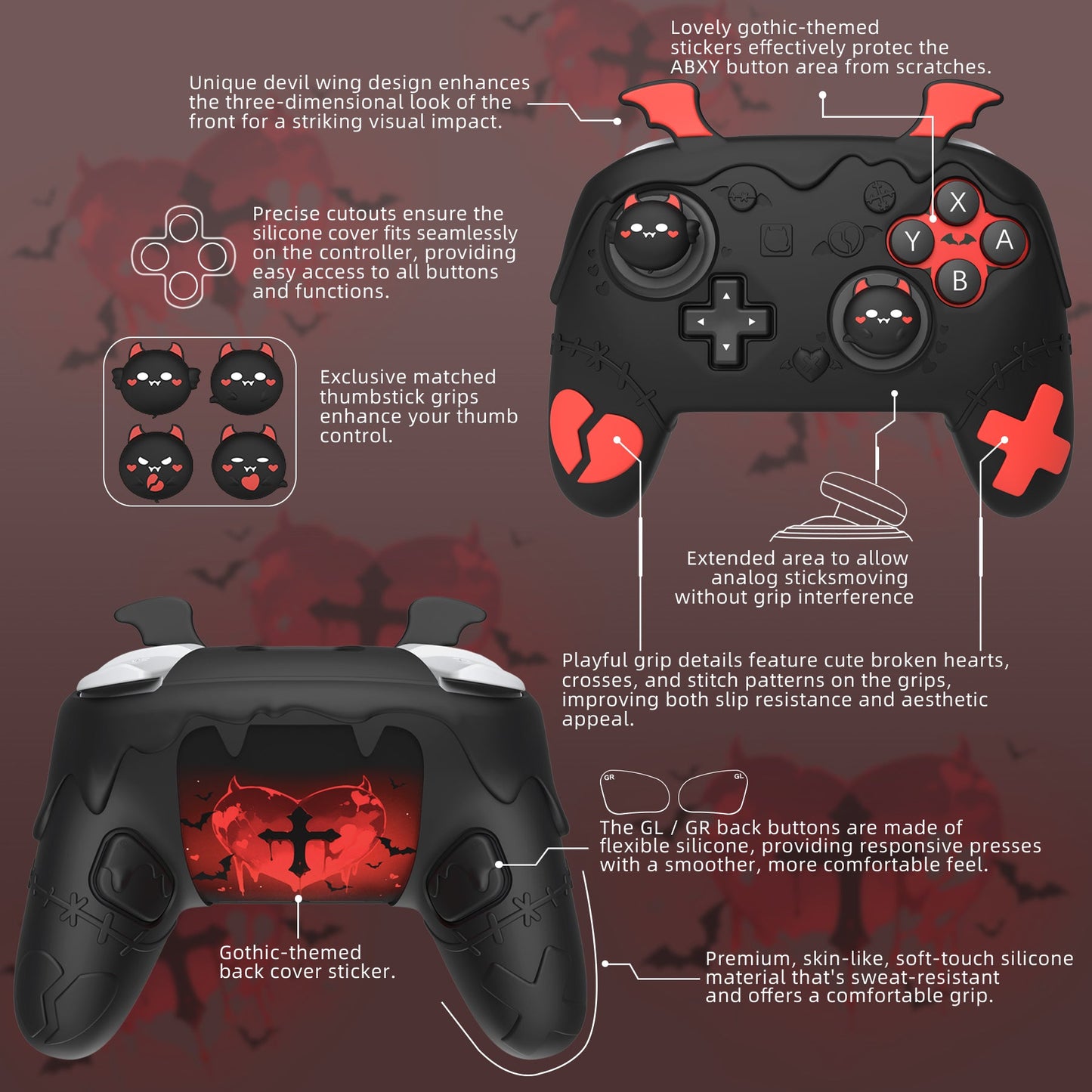 PlayVital Gothic Imp Series Silicone Cover for Nintendo Switch 2 Pro Controller, Cute Protective Skin Case for Switch 2 Pro Controller with Back Button Caps & Thumb Grip & Sticker - Black PlayVital