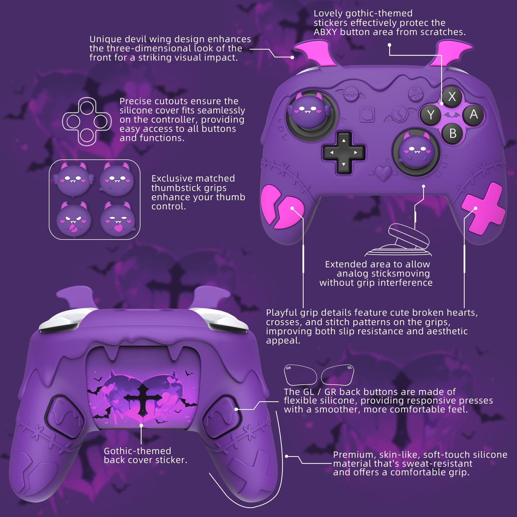 PlayVital Gothic Imp Series Silicone Cover for Nintendo Switch 2 Pro Controller, Cute Protective Skin Case for Switch 2 Pro Controller with Back Button Caps & Thumb Grip & Sticker - Purple PlayVital