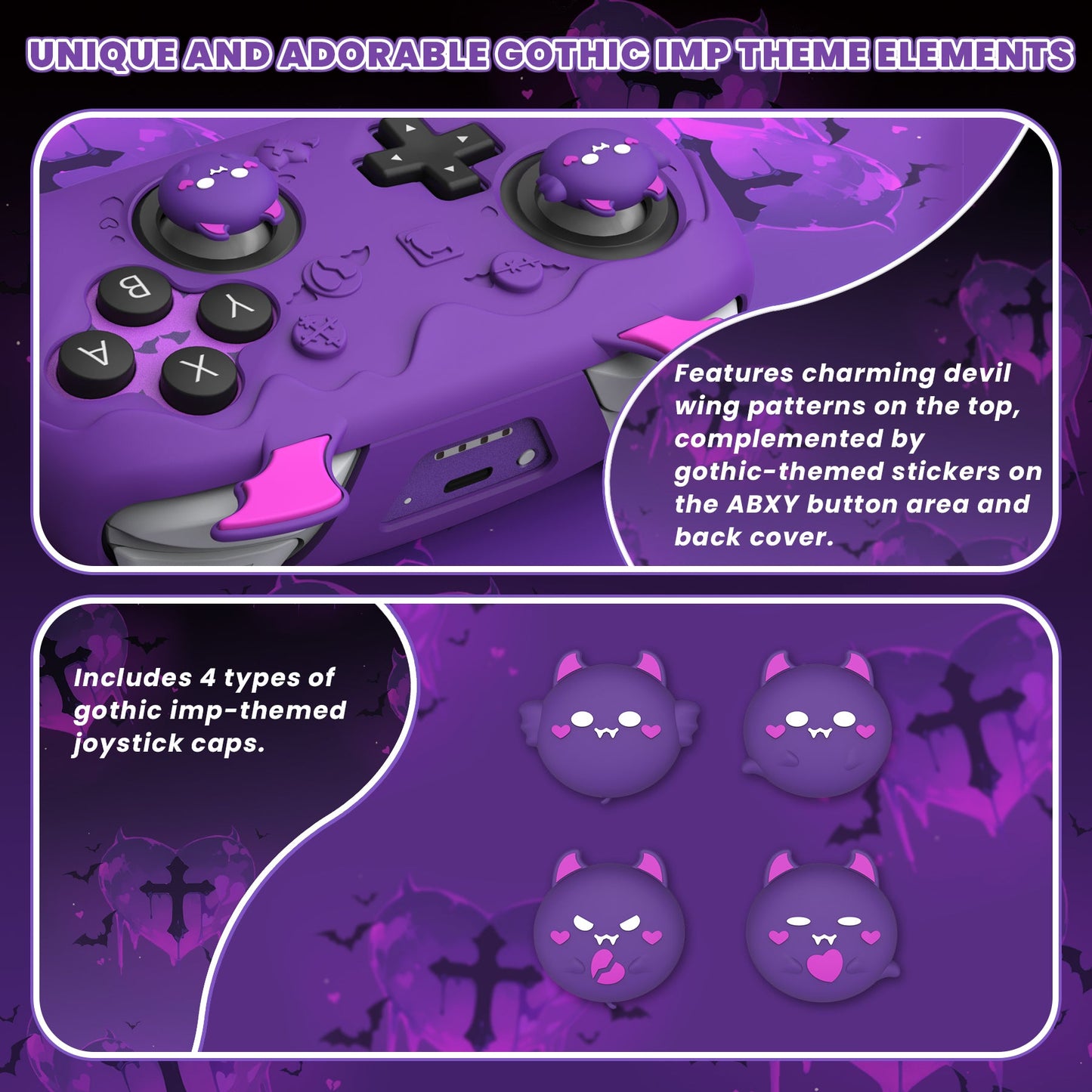 PlayVital Gothic Imp Series Silicone Cover for Nintendo Switch 2 Pro Controller, Cute Protective Skin Case for Switch 2 Pro Controller with Back Button Caps & Thumb Grip & Sticker - Purple PlayVital