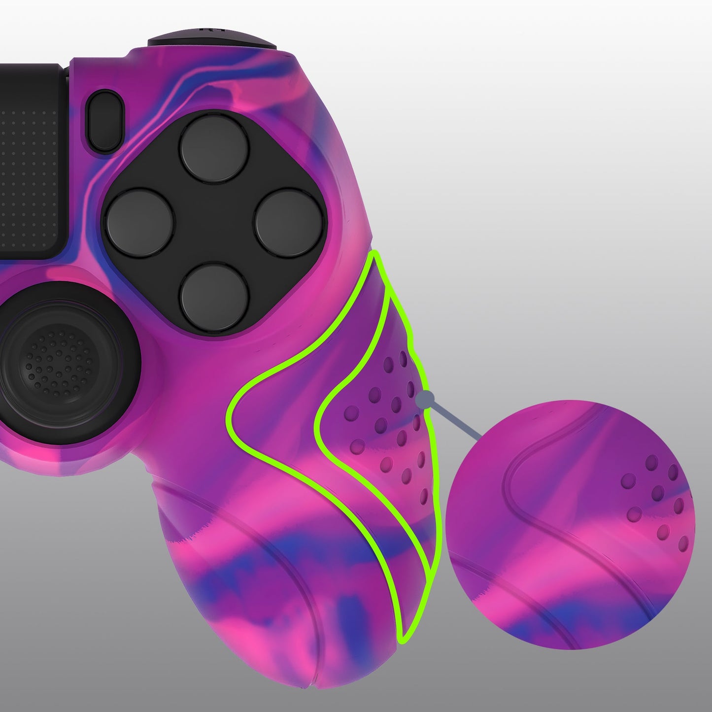 PlayVital Guardian Edition Silicone Cover Skin with Thumb Grip Caps for PS4 Slim Pro Controller - Pink & Purple & Blue playvital