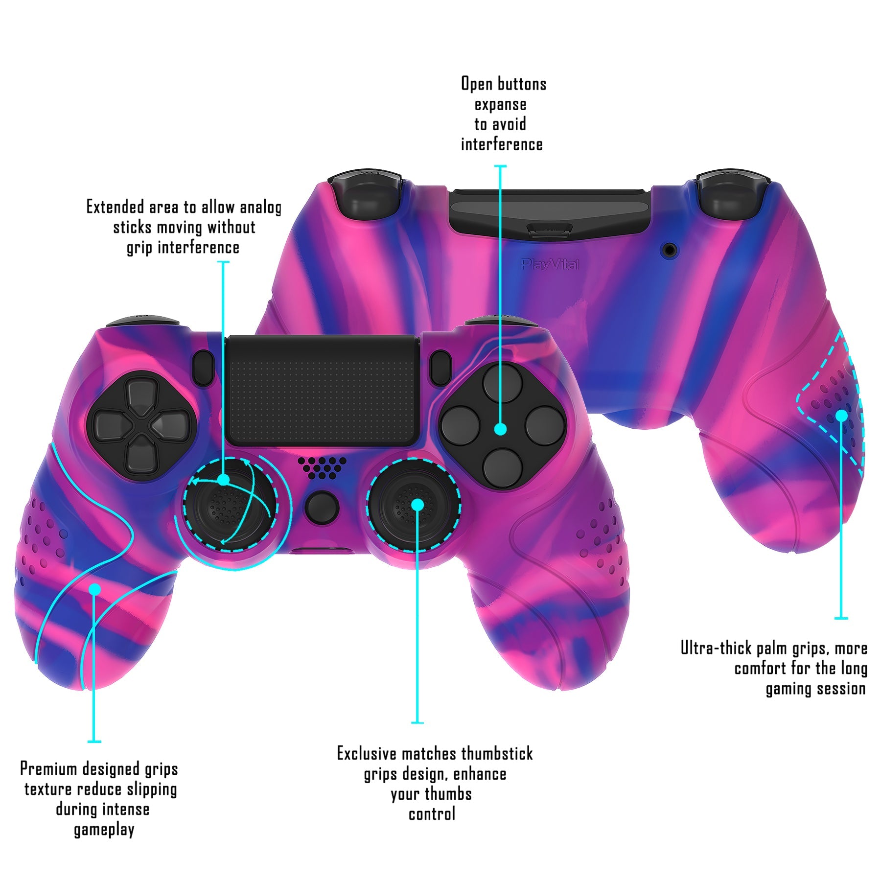 PlayVital Guardian Edition Silicone Cover Skin with Thumb Grip Caps for PS4 Slim Pro Controller - Pink & Purple & Blue playvital