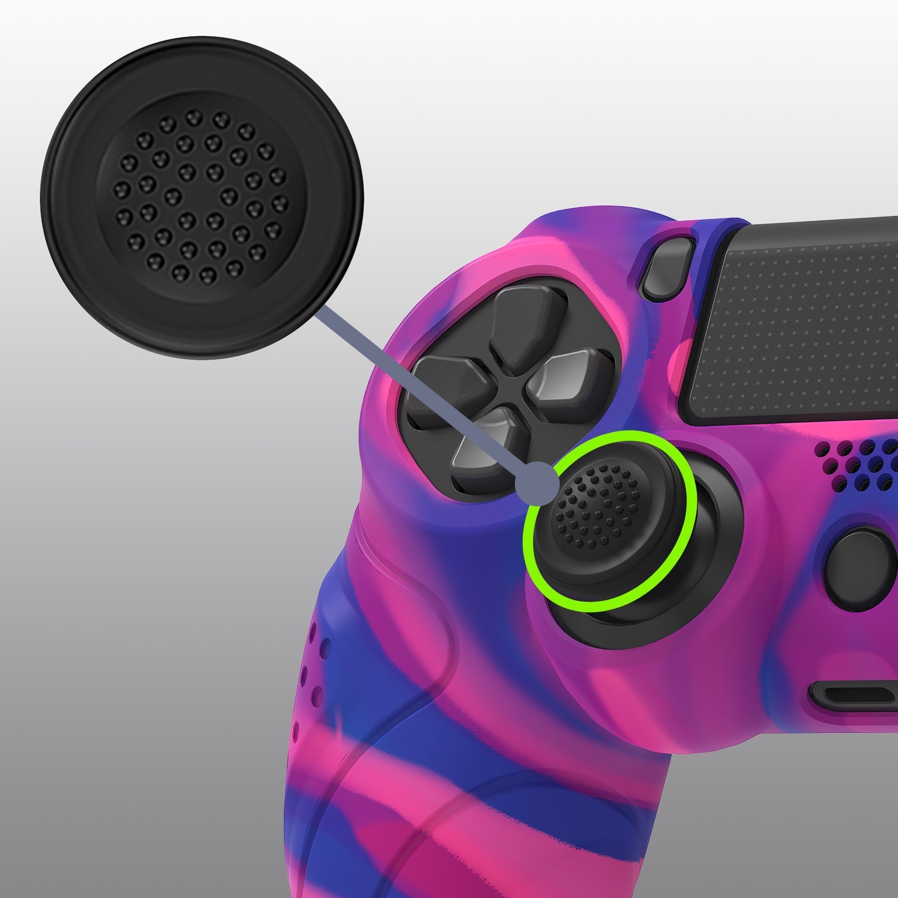 PlayVital Guardian Edition Silicone Cover Skin with Thumb Grip Caps for PS4 Slim Pro Controller - Pink & Purple & Blue playvital