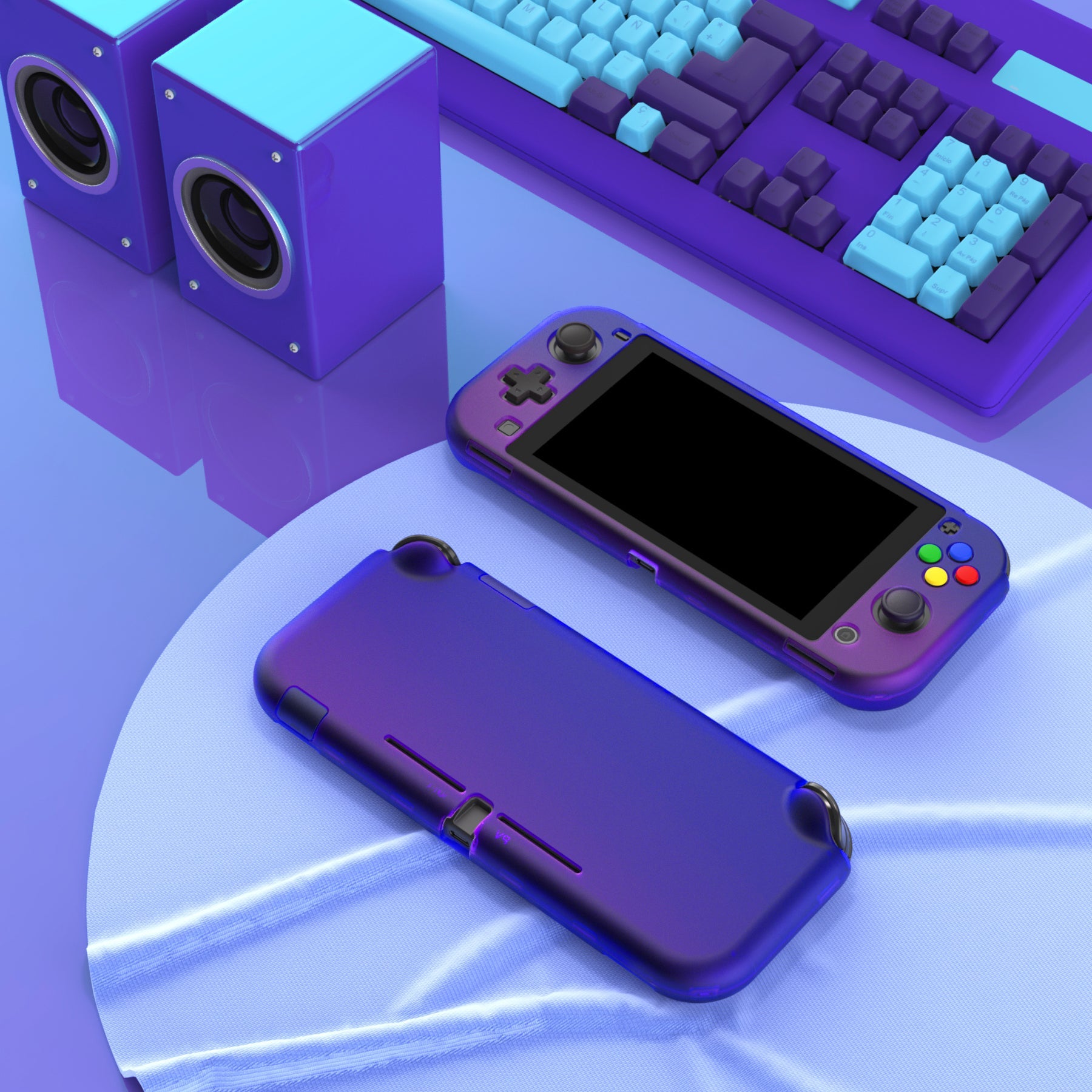 PlayVital Hard Shell Protective Case with Screen Protector & Thumb Grip Caps & Button Caps for Nintendo Switch Lite - Gradient Translucent Bluebell PlayVital