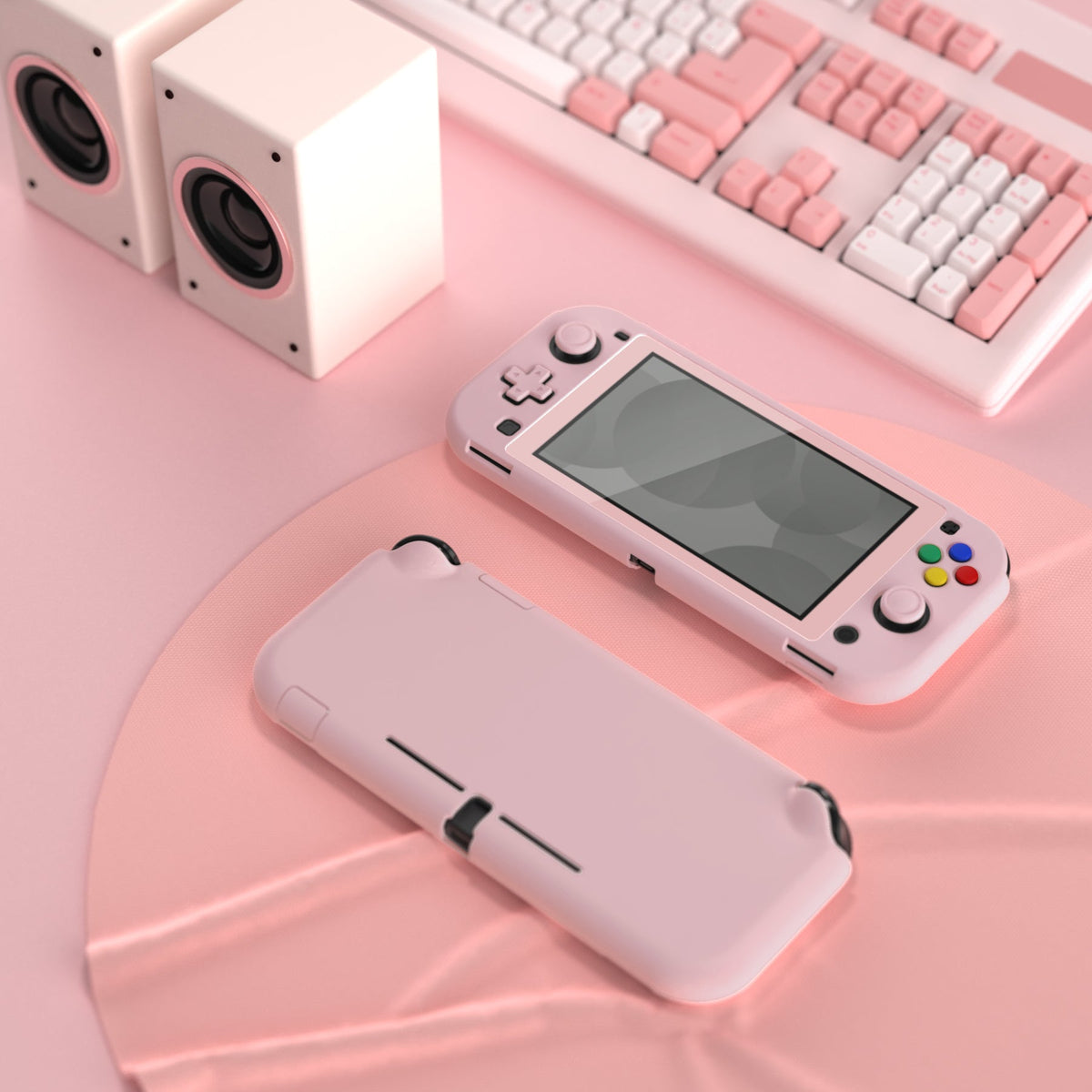 PlayVital Hard Shell Protective Case with Screen Protector & Thumb Grip Caps & Button Caps for Nintendo Switch Lite - Peach Blossom Pink PlayVital