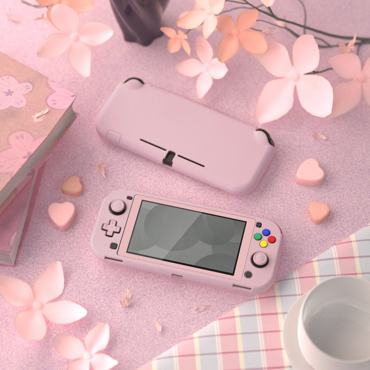 PlayVital Hard Shell Protective Case with Screen Protector & Thumb Grip Caps & Button Caps for Nintendo Switch Lite - Peach Blossom Pink PlayVital