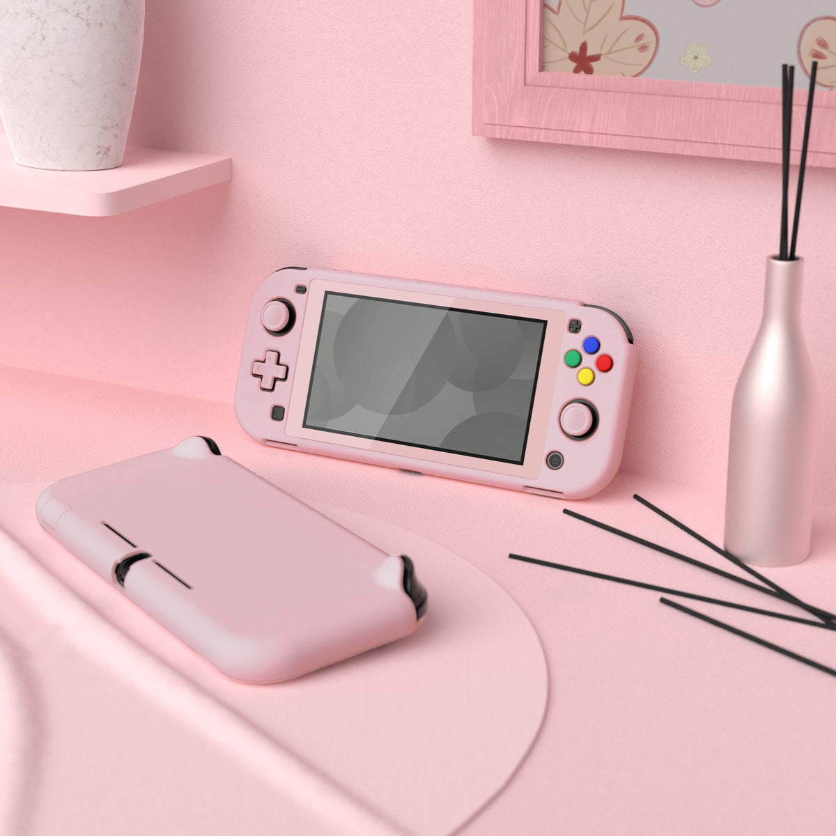 PlayVital Hard Shell Protective Case with Screen Protector & Thumb Grip Caps & Button Caps for Nintendo Switch Lite - Peach Blossom Pink PlayVital