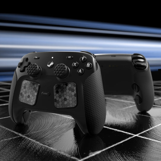 PlayVital Hexagon Diamond Texture Grip Sticker Set for Steam Controller 2, Anti-Slip PU Skin Cover Accessory Kit for Steam Controller with Touchpad Stickers and Thumb Grips - Black PlayVital