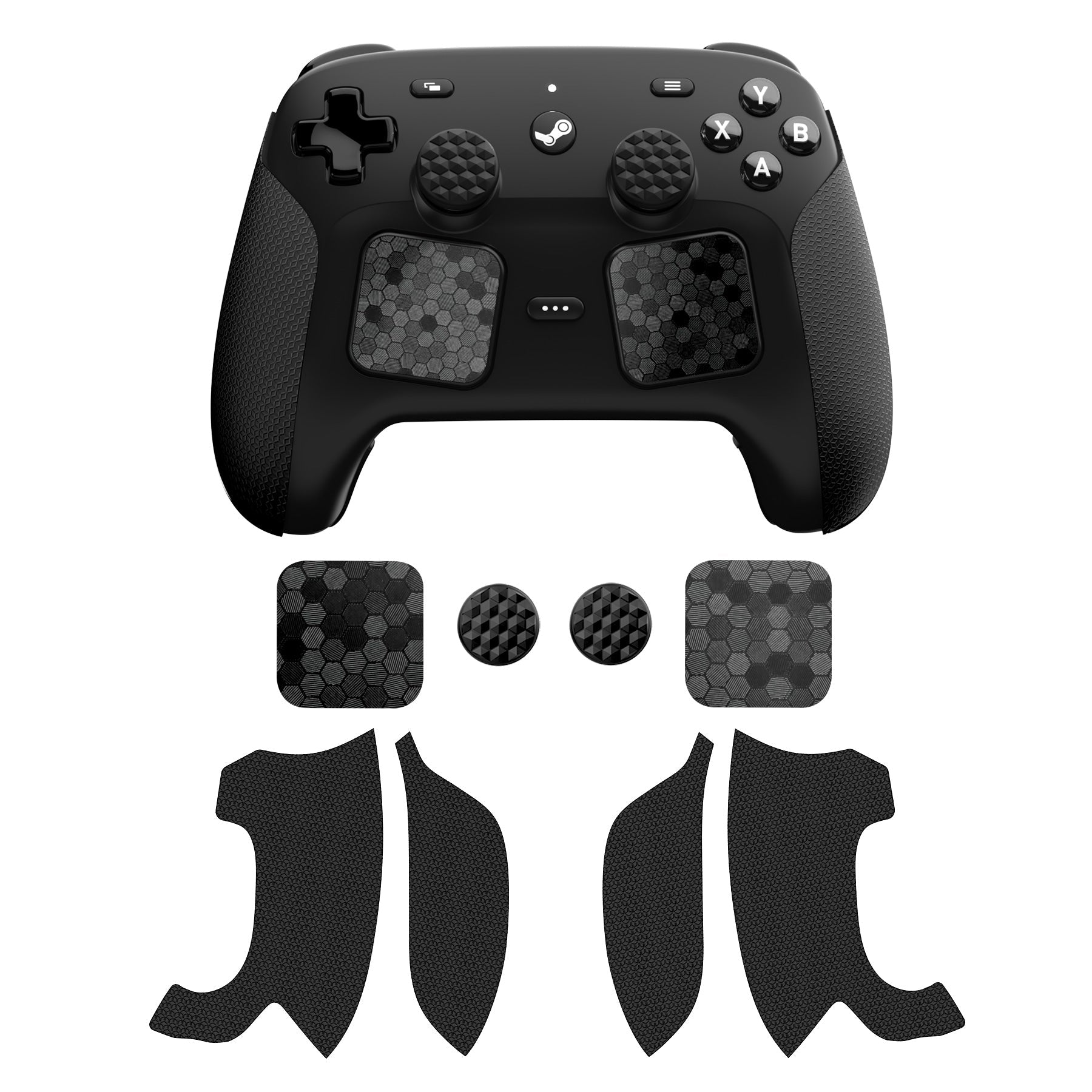 PlayVital Hexagon Diamond Texture Grip Sticker Set for Steam Controller 2, Anti-Slip PU Skin Cover Accessory Kit for Steam Controller with Touchpad Stickers and Thumb Grips - Black PlayVital