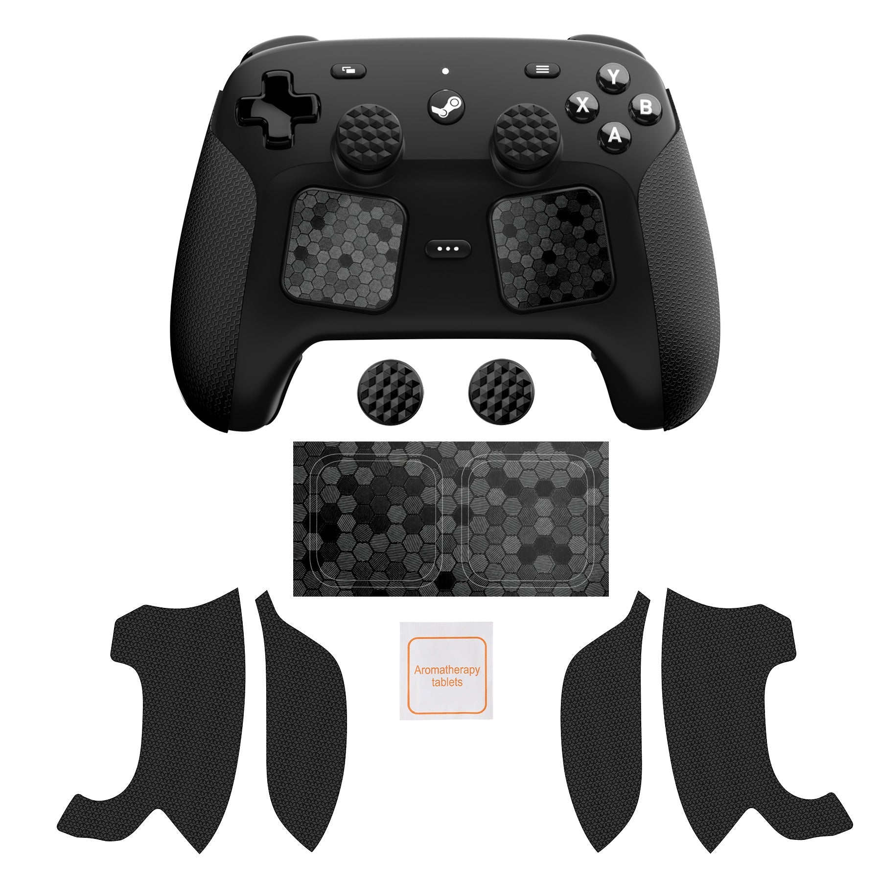 PlayVital Hexagon Diamond Texture Grip Sticker Set for Steam Controller 2, Anti-Slip PU Skin Cover Accessory Kit for Steam Controller with Touchpad Stickers and Thumb Grips - Black PlayVital