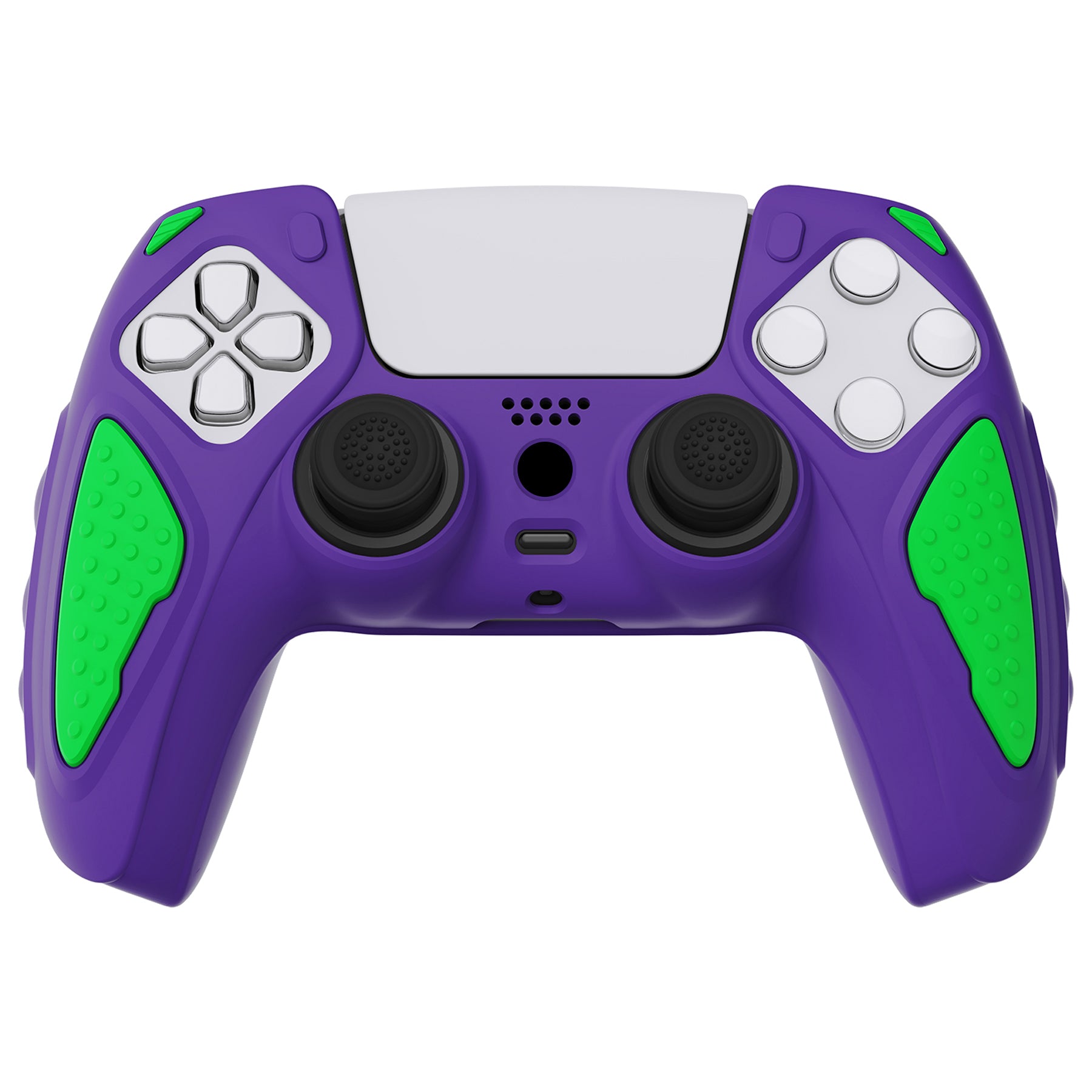 PlayVital Knight Edition Anti-Slip Silicone Cover Skin with Thumb Grip Caps for PS5 Wireless Controller - Neon Genesis Purple & Green - QSPF015 PlayVital