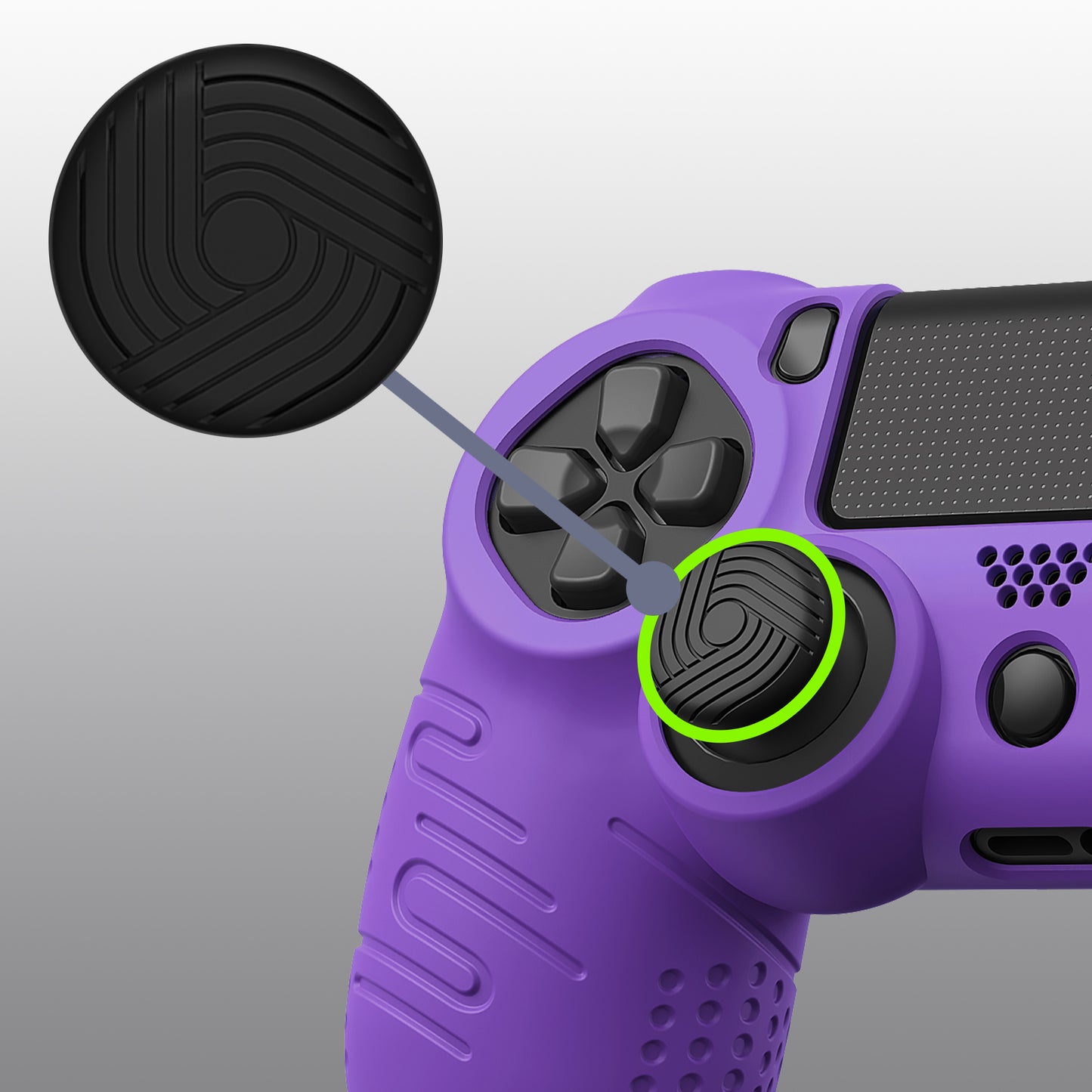 PlayVital Line & Dot Silicone Cover Skin with Thumb Grip Caps for PS4 Slim Pro Controller - Purple