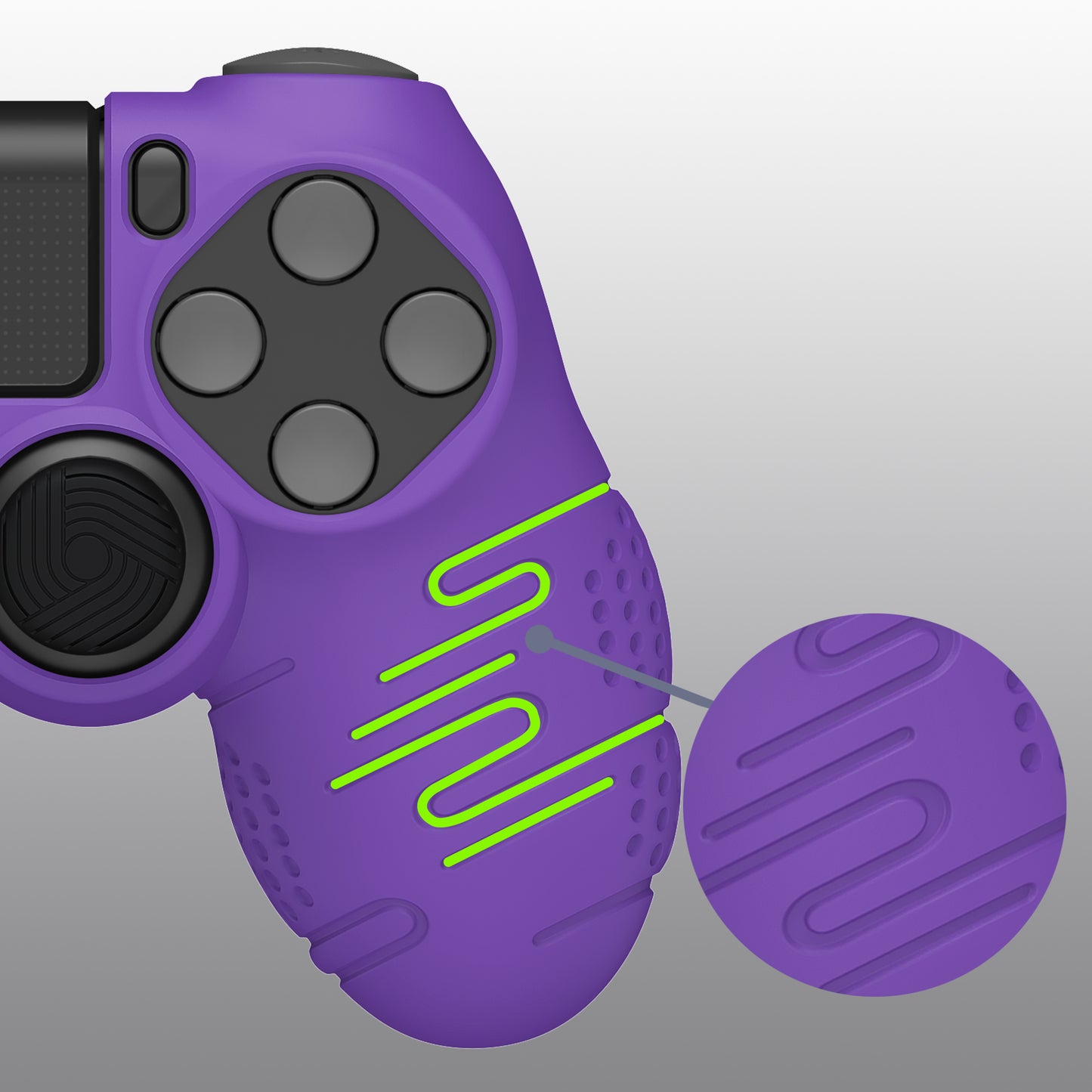 PlayVital Line & Dot Silicone Cover Skin with Thumb Grip Caps for PS4 Slim Pro Controller - Purple