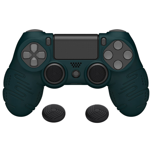 PlayVital Line & Dot Silicone Cover Skin with Thumb Grip Caps for PS4 Slim Pro Controller - Racing Green