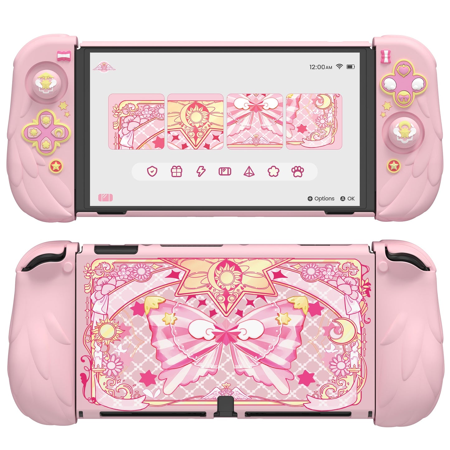 PlayVital Magic Wings Dockable Hard Shell Protective Case for Nintendo Switch OLED with Thumb Grip Caps & Extra Stand - Pink PlayVital
