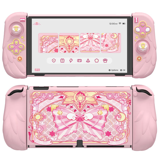 PlayVital Magic Wings Dockable Hard Shell Protective Case for Nintendo Switch OLED with Thumb Grip Caps & Extra Stand - Pink PlayVital