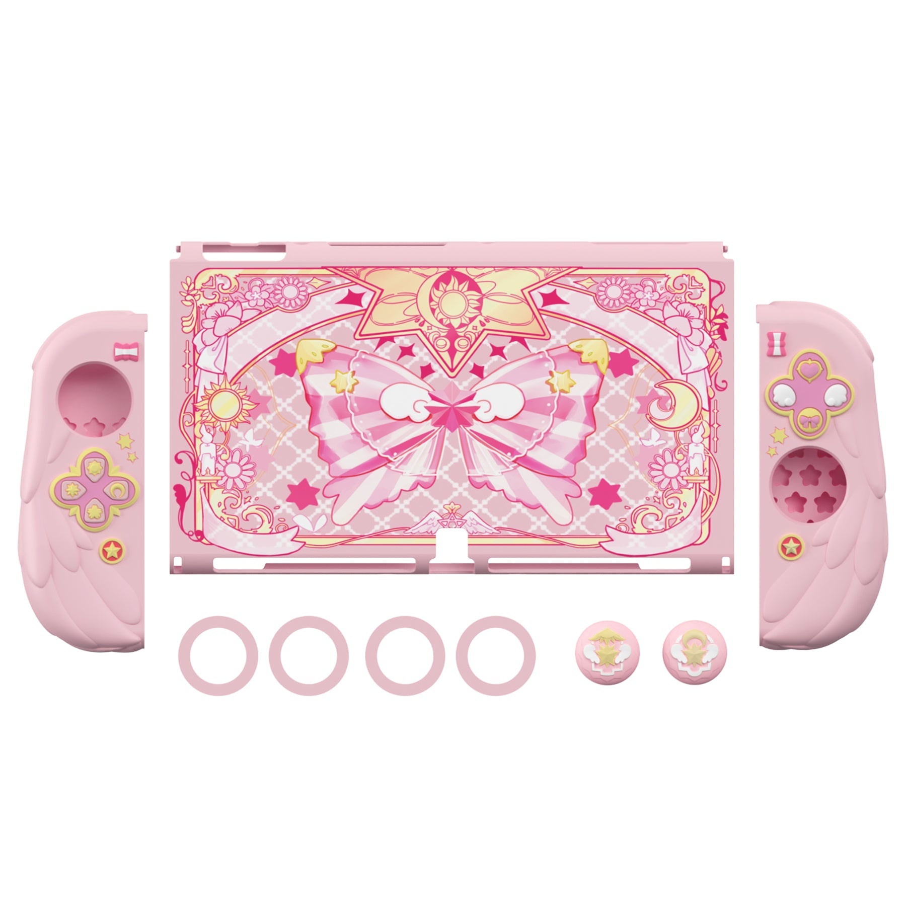 PlayVital Magic Wings Dockable Hard Shell Protective Case for Nintendo Switch OLED with Thumb Grip Caps & Extra Stand - Pink PlayVital