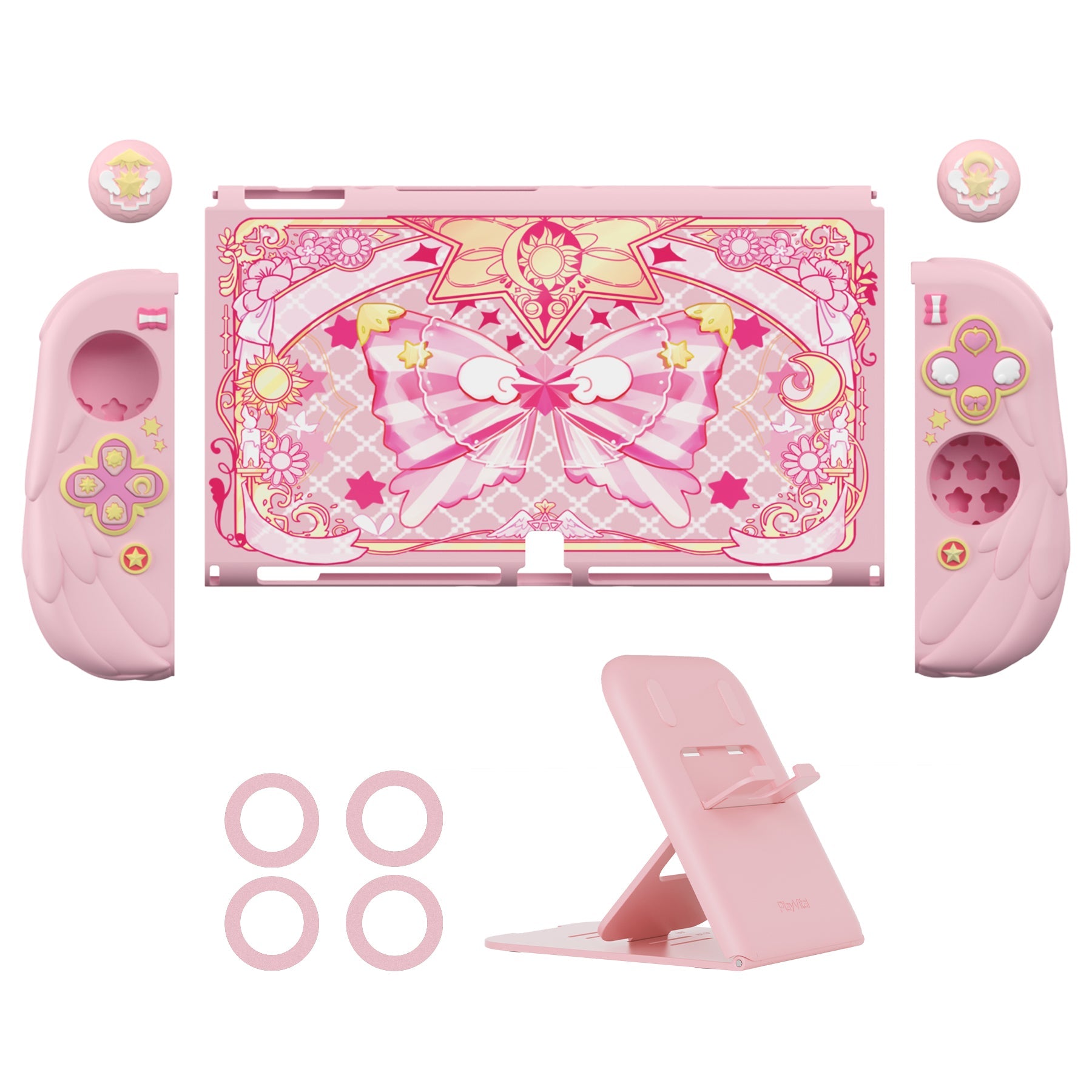 PlayVital Magic Wings Dockable Hard Shell Protective Case for Nintendo Switch OLED with Thumb Grip Caps & Extra Stand - Pink PlayVital
