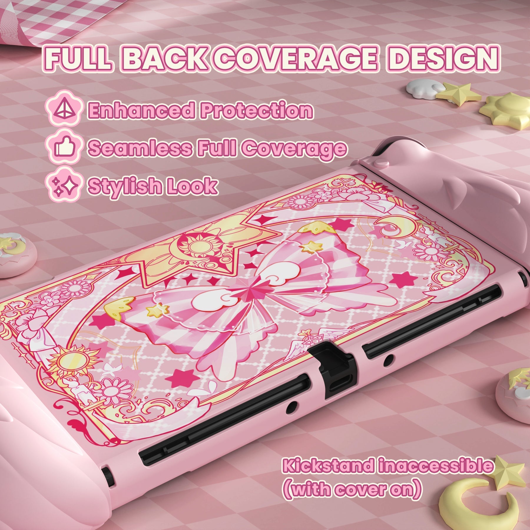 PlayVital Magic Wings Dockable Hard Shell Protective Case for Nintendo Switch OLED with Thumb Grip Caps & Extra Stand - Pink PlayVital