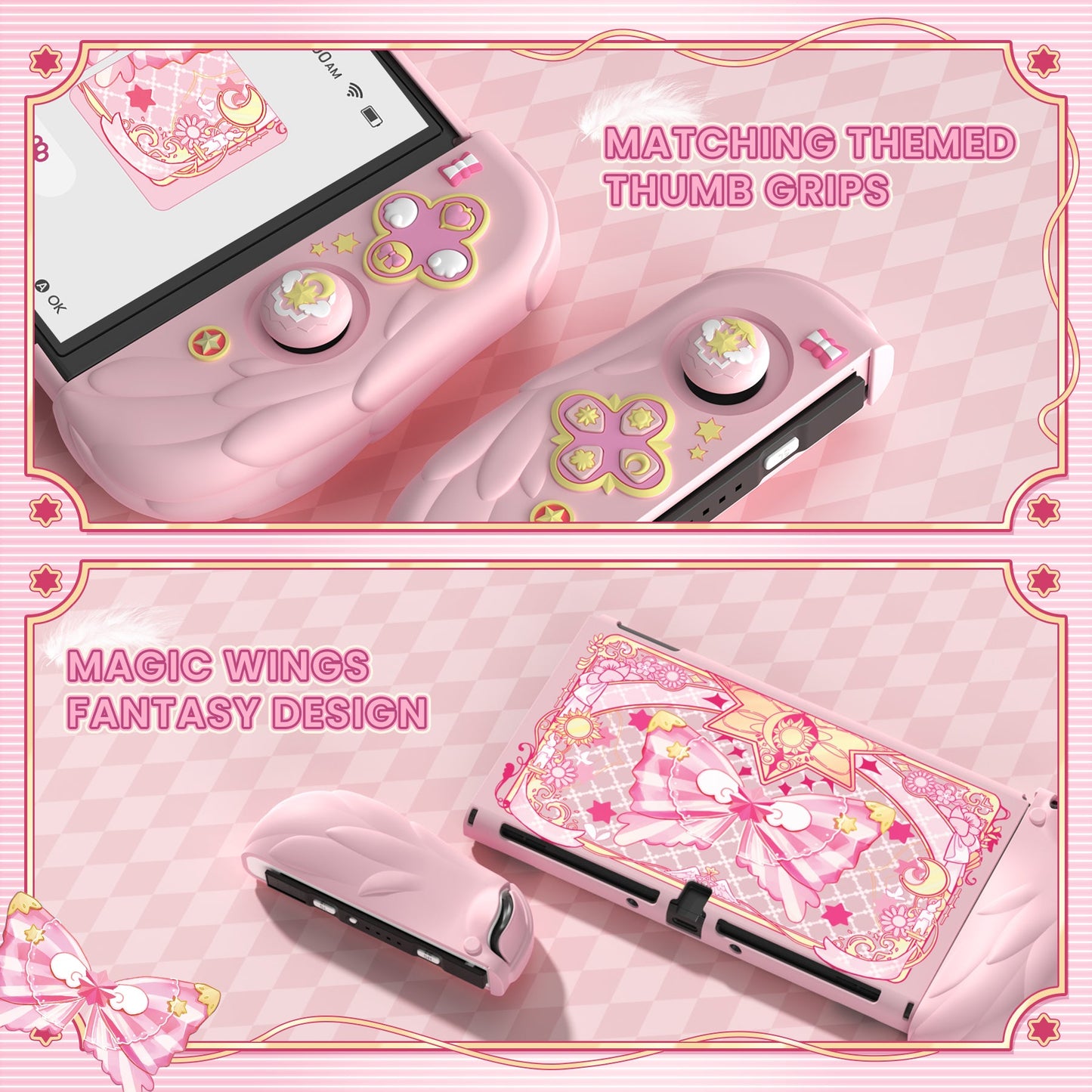 PlayVital Magic Wings Dockable Hard Shell Protective Case for Nintendo Switch OLED with Thumb Grip Caps & Extra Stand - Pink PlayVital