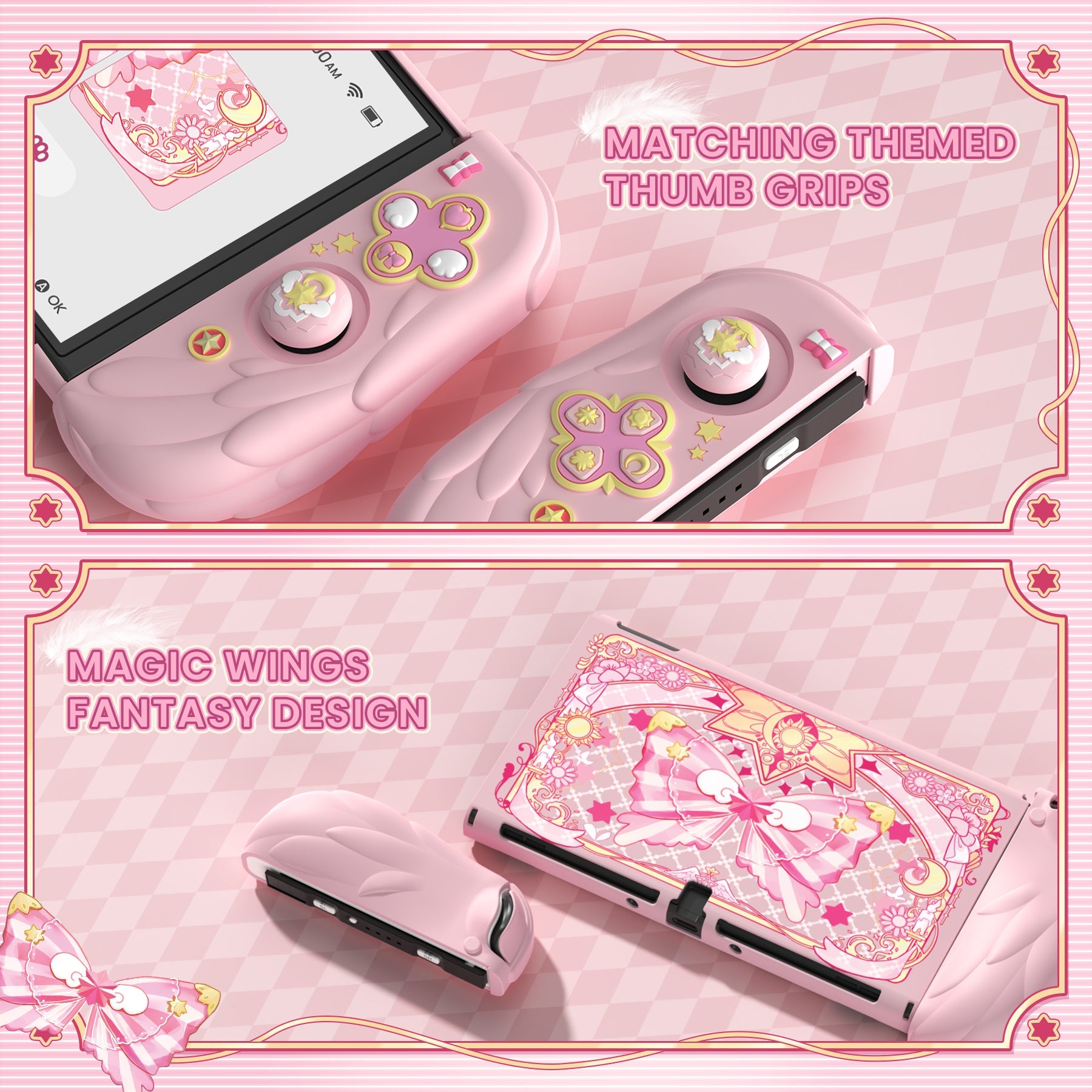 PlayVital Magic Wings Dockable Hard Shell Protective Case for Nintendo Switch OLED with Thumb Grip Caps & Extra Stand - Pink PlayVital