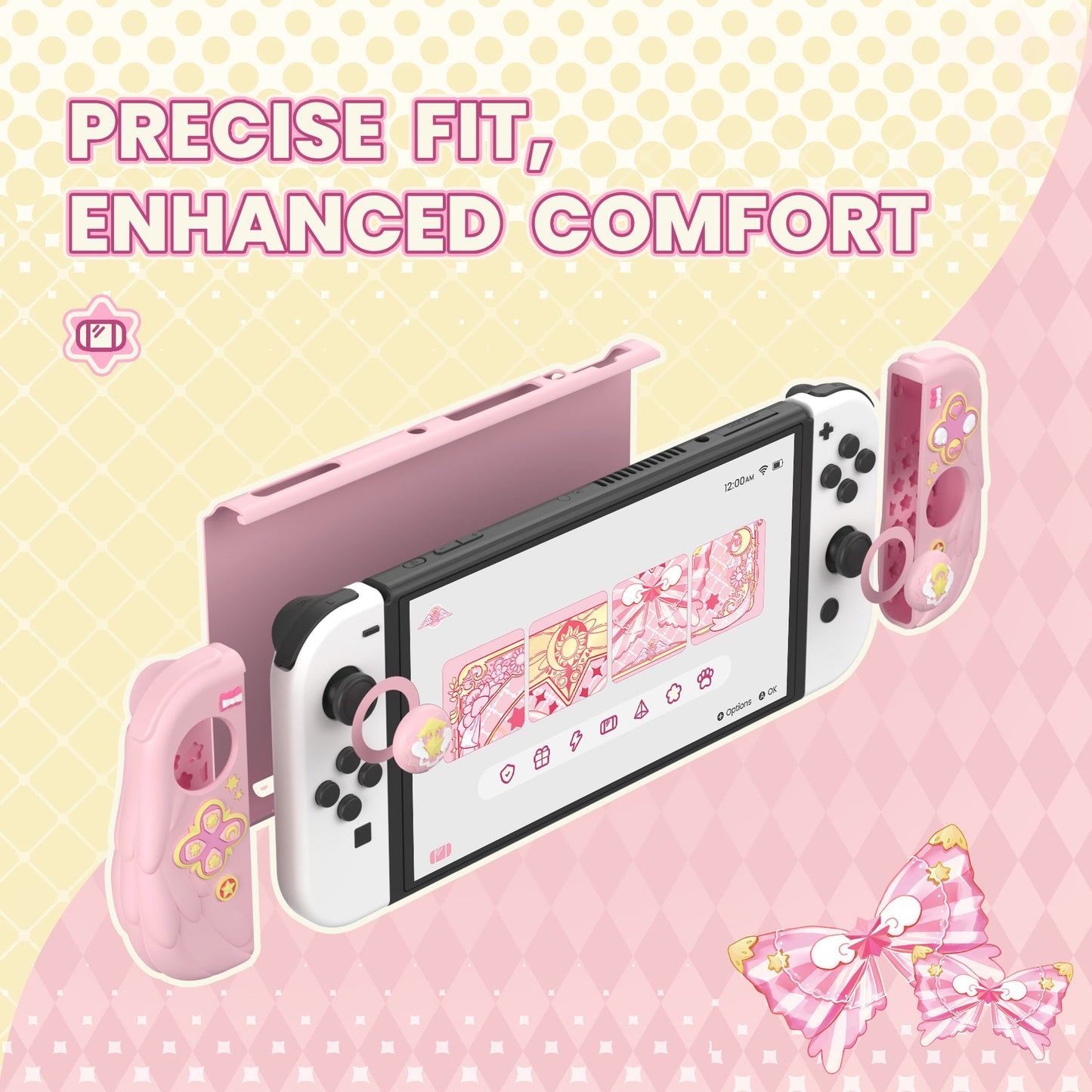 PlayVital Magic Wings Dockable Hard Shell Protective Case for Nintendo Switch OLED with Thumb Grip Caps & Extra Stand - Pink PlayVital