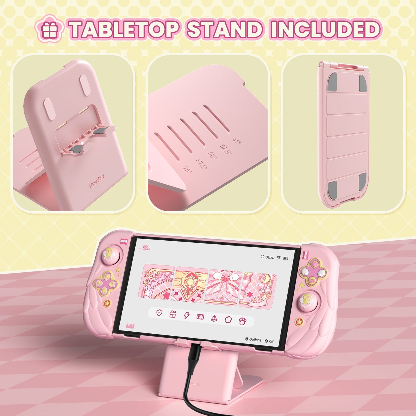 PlayVital Magic Wings Dockable Hard Shell Protective Case for Nintendo Switch OLED with Thumb Grip Caps & Extra Stand - Pink PlayVital