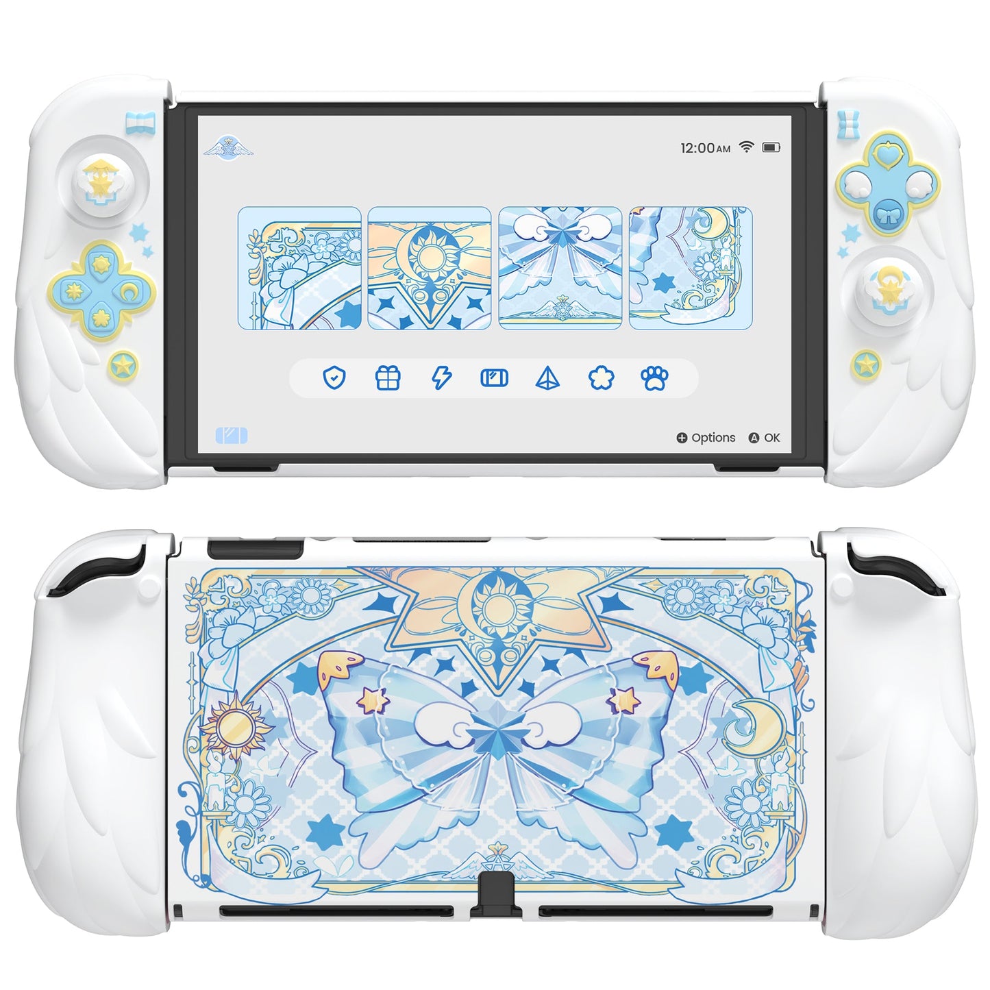 PlayVital Magic Wings Dockable Hard Shell Protective Case for Nintendo Switch OLED with Thumb Grip Caps & Extra Stand - White PlayVital