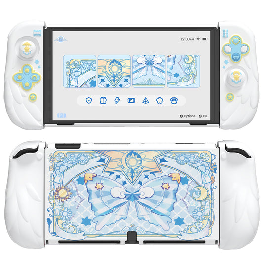 PlayVital Magic Wings Dockable Hard Shell Protective Case for Nintendo Switch OLED with Thumb Grip Caps & Extra Stand - White PlayVital