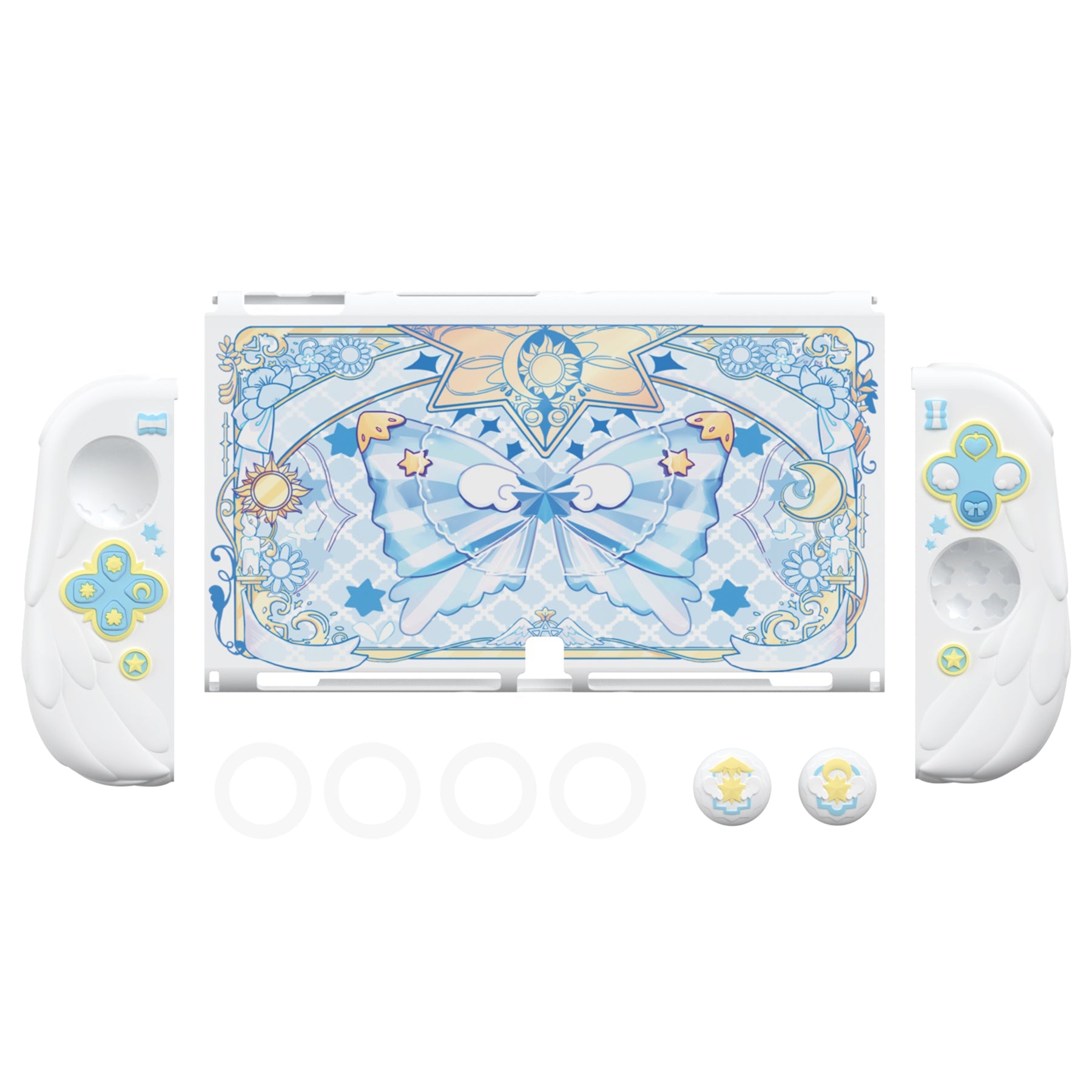 PlayVital Magic Wings Dockable Hard Shell Protective Case for Nintendo Switch OLED with Thumb Grip Caps & Extra Stand - White PlayVital