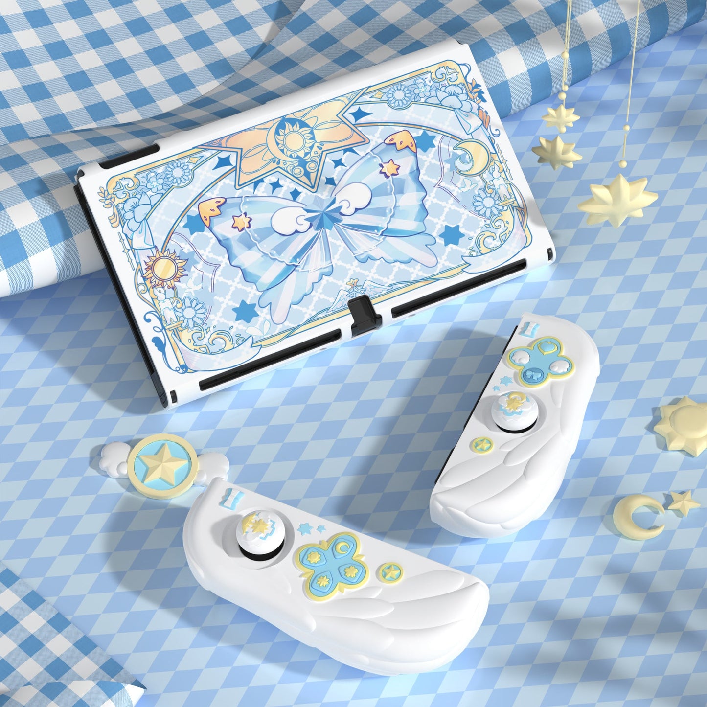 PlayVital Magic Wings Dockable Hard Shell Protective Case for Nintendo Switch OLED with Thumb Grip Caps & Extra Stand - White PlayVital