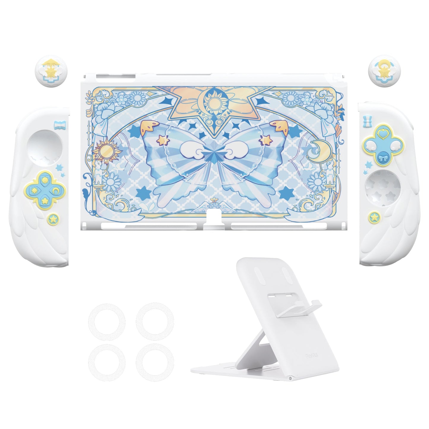 PlayVital Magic Wings Dockable Hard Shell Protective Case for Nintendo Switch OLED with Thumb Grip Caps & Extra Stand - White PlayVital