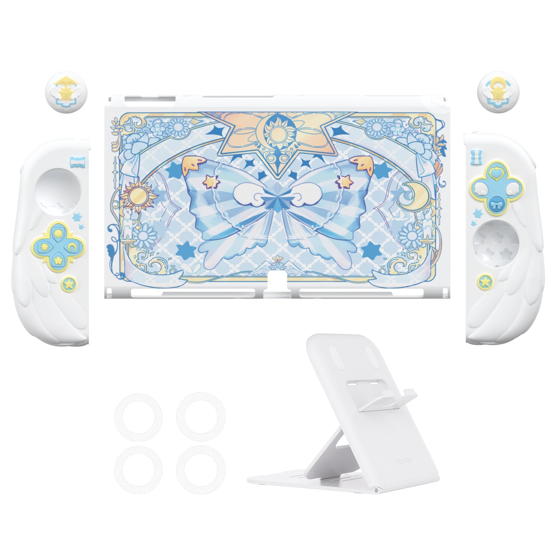 PlayVital Magic Wings Dockable Hard Shell Protective Case for Nintendo Switch OLED with Thumb Grip Caps & Extra Stand - White PlayVital