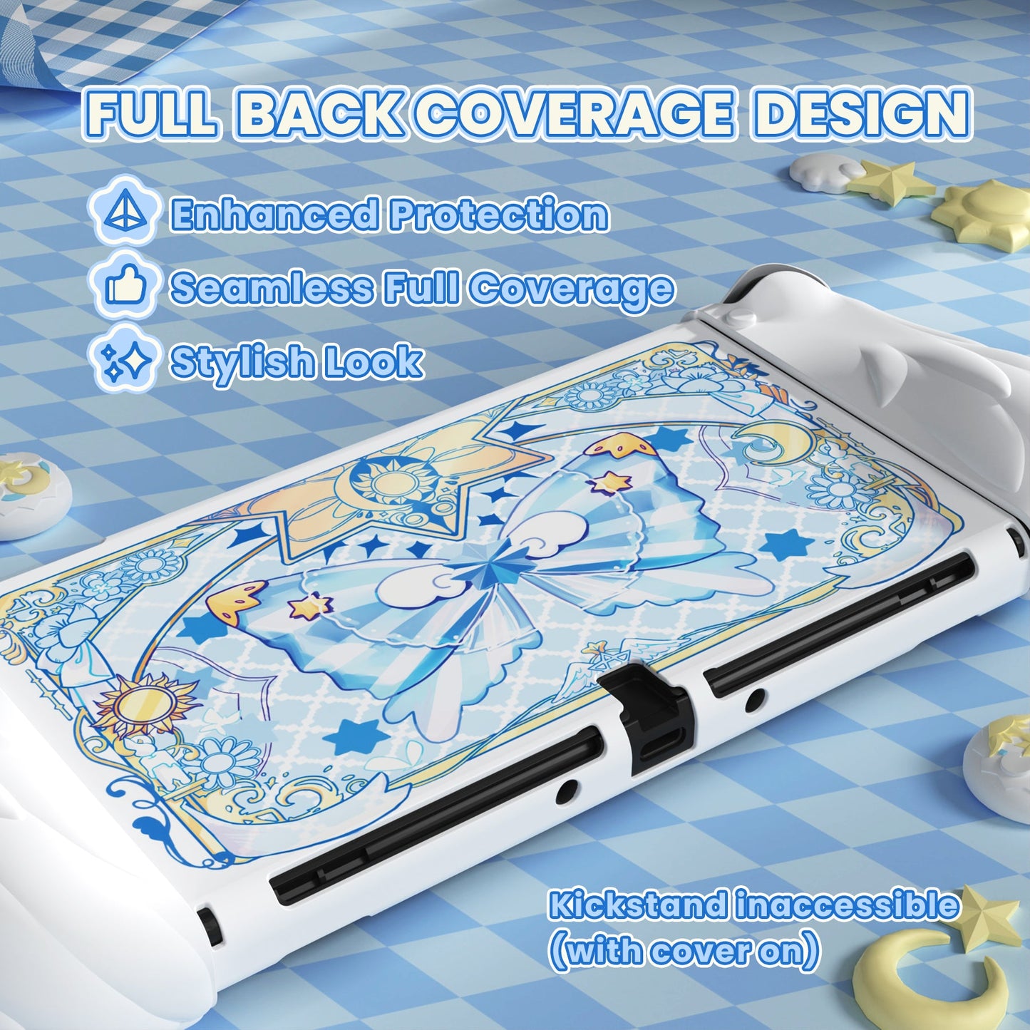 PlayVital Magic Wings Dockable Hard Shell Protective Case for Nintendo Switch OLED with Thumb Grip Caps & Extra Stand - White PlayVital