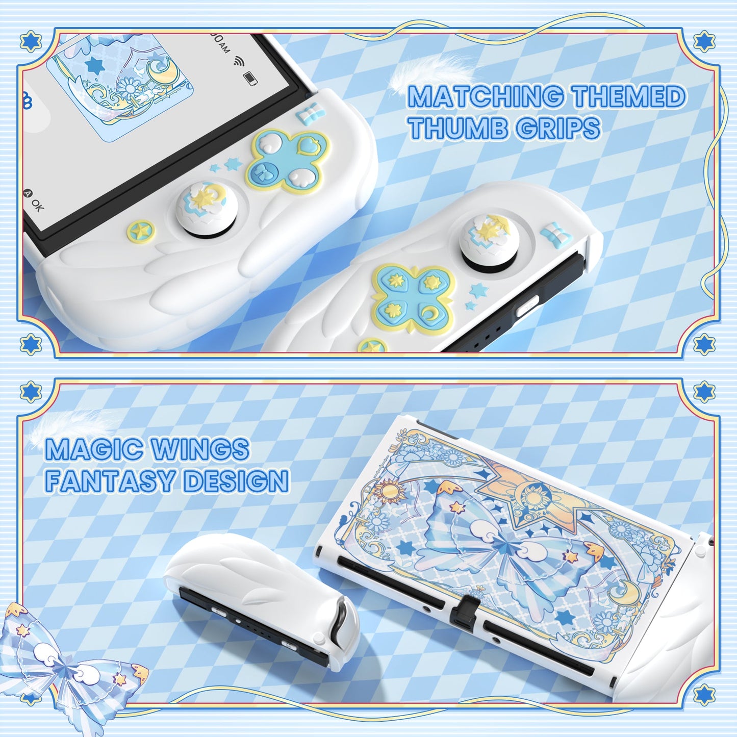 PlayVital Magic Wings Dockable Hard Shell Protective Case for Nintendo Switch OLED with Thumb Grip Caps & Extra Stand - White PlayVital