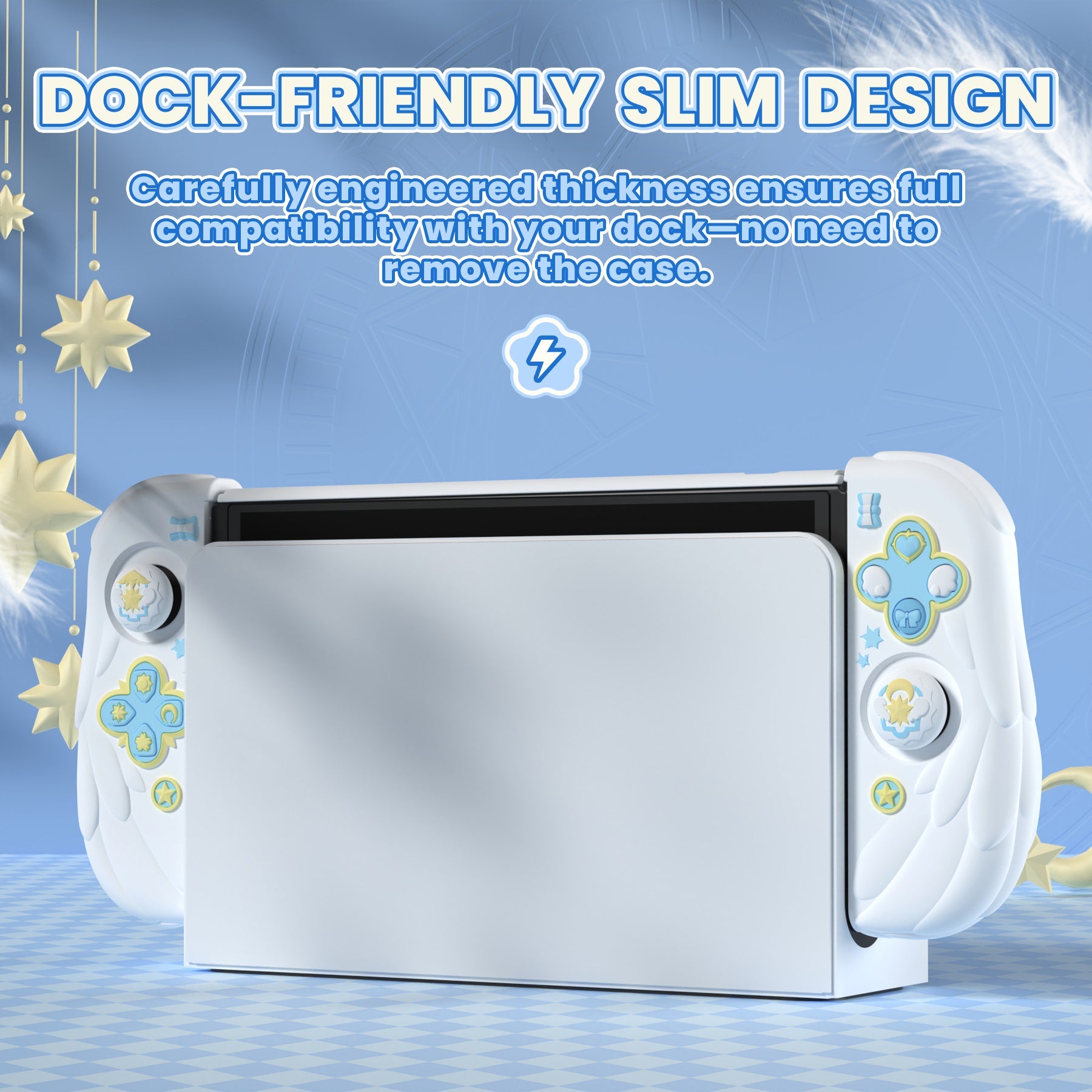 PlayVital Magic Wings Dockable Hard Shell Protective Case for Nintendo Switch OLED with Thumb Grip Caps & Extra Stand - White PlayVital