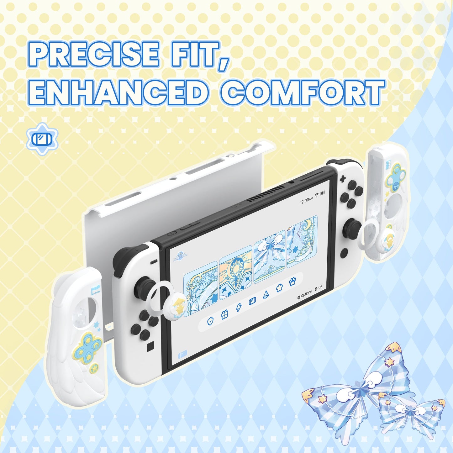 PlayVital Magic Wings Dockable Hard Shell Protective Case for Nintendo Switch OLED with Thumb Grip Caps & Extra Stand - White PlayVital