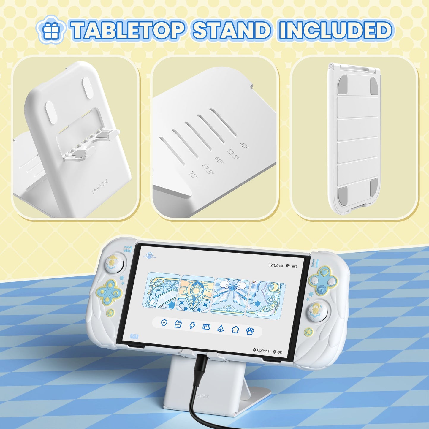PlayVital Magic Wings Dockable Hard Shell Protective Case for Nintendo Switch OLED with Thumb Grip Caps & Extra Stand - White PlayVital
